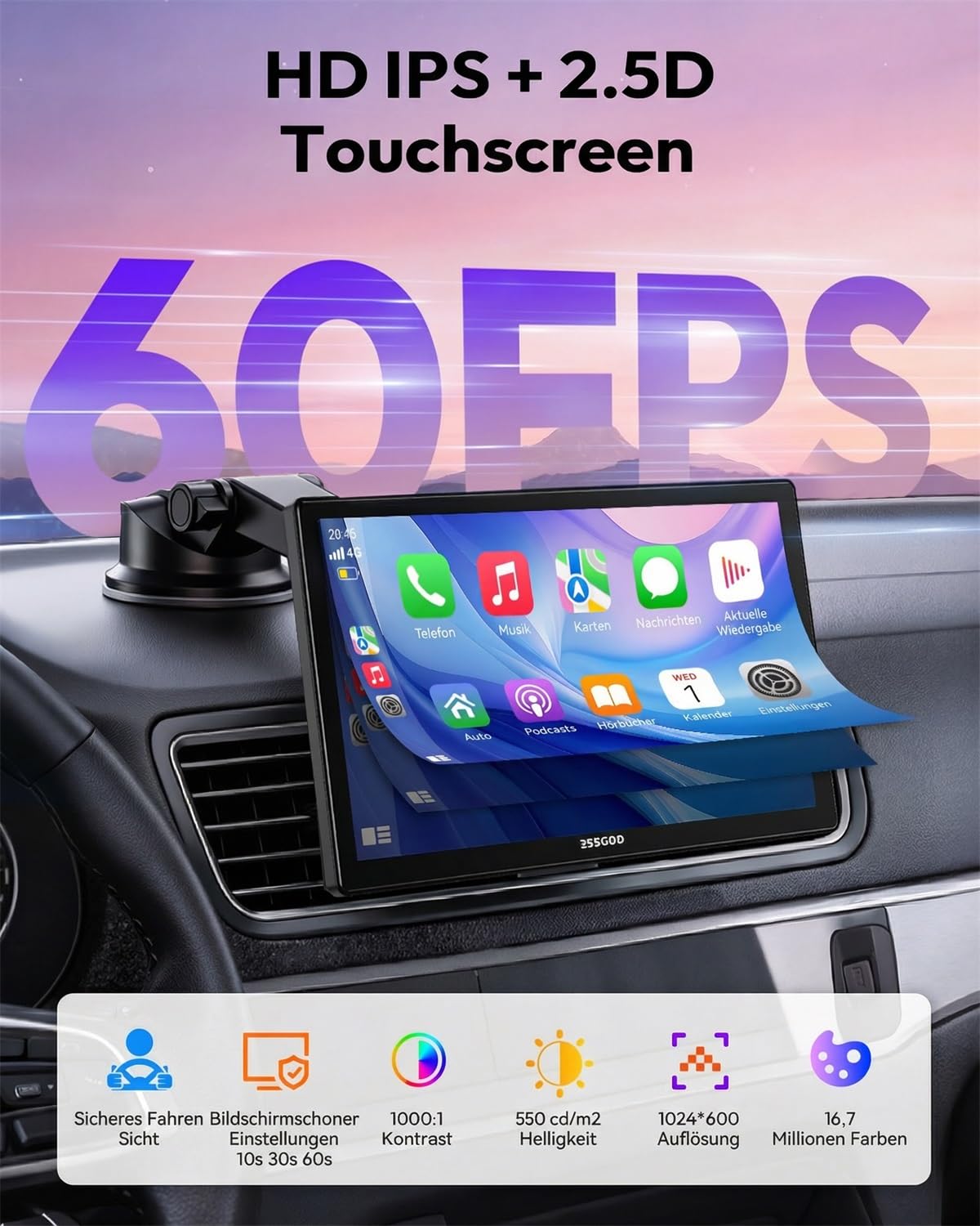 ESSGOO Carplay Android Auto Display mit Rückfahrkamera,9 Zoll Carplay Bildschirm für Apple/Android Auto/AirPlay/Mirror Link,Wireless Touchscreen GPS Navigation,mit Bluetooth5.3,AUX,FM,Sprachassistent