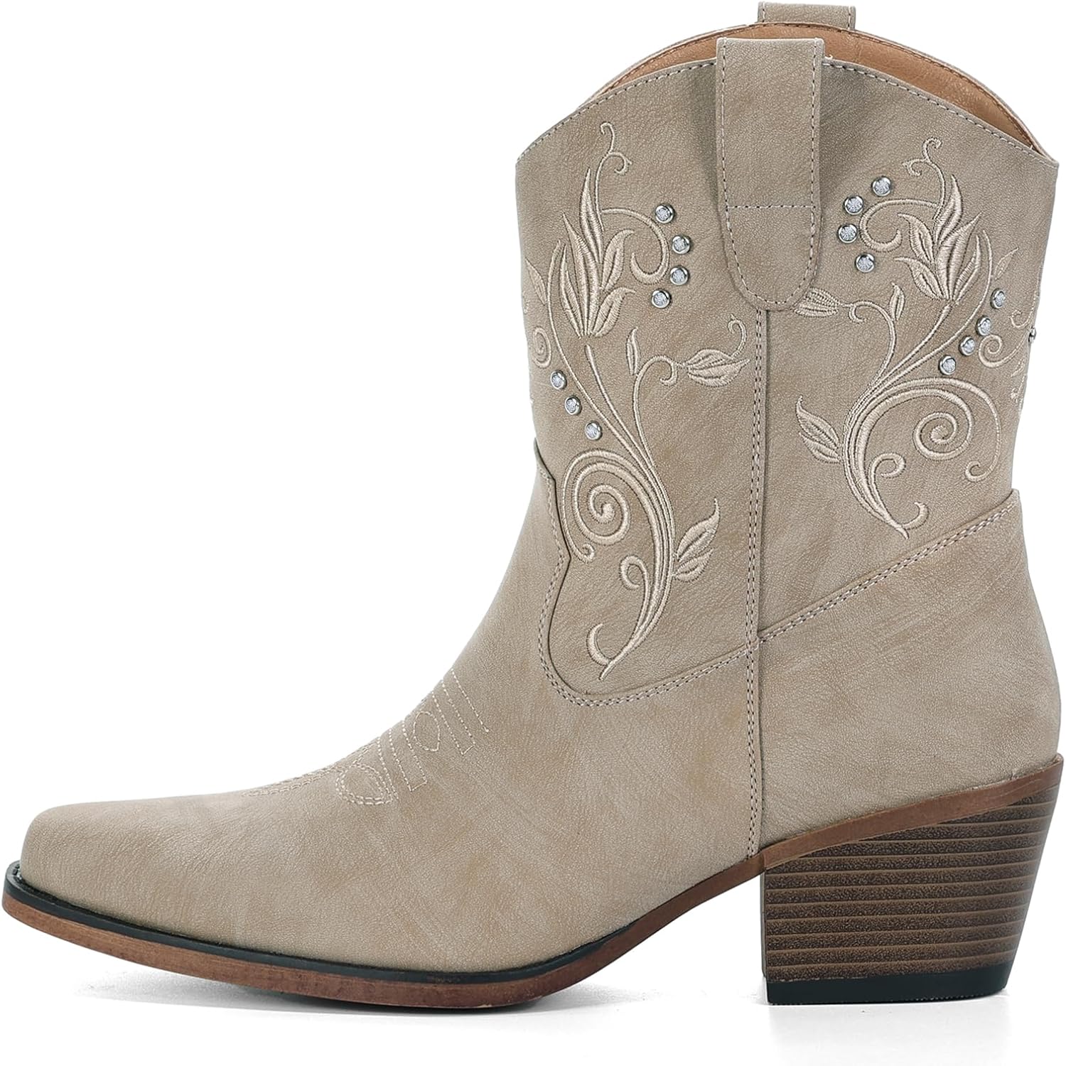 IUV Cowboy Boots for Women Ankle Cowgirl Boots with Embroidered Rhinestone Decor Chunky Heel Snip Toe Classic Western Wide Booties - Image 4