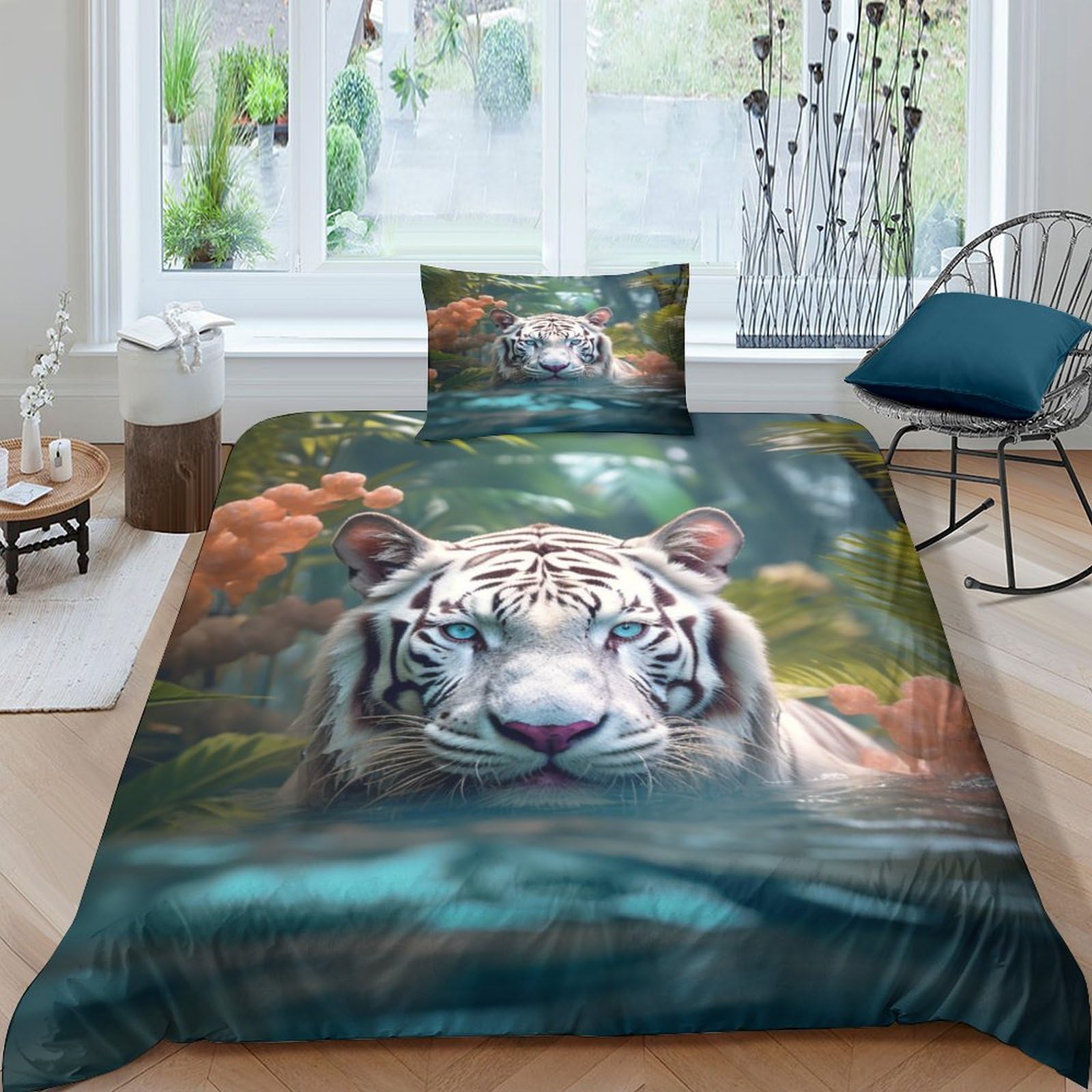 Housse de couette tigre blanc anti-transpiration pour literie enfant douce et hypoallergénique
