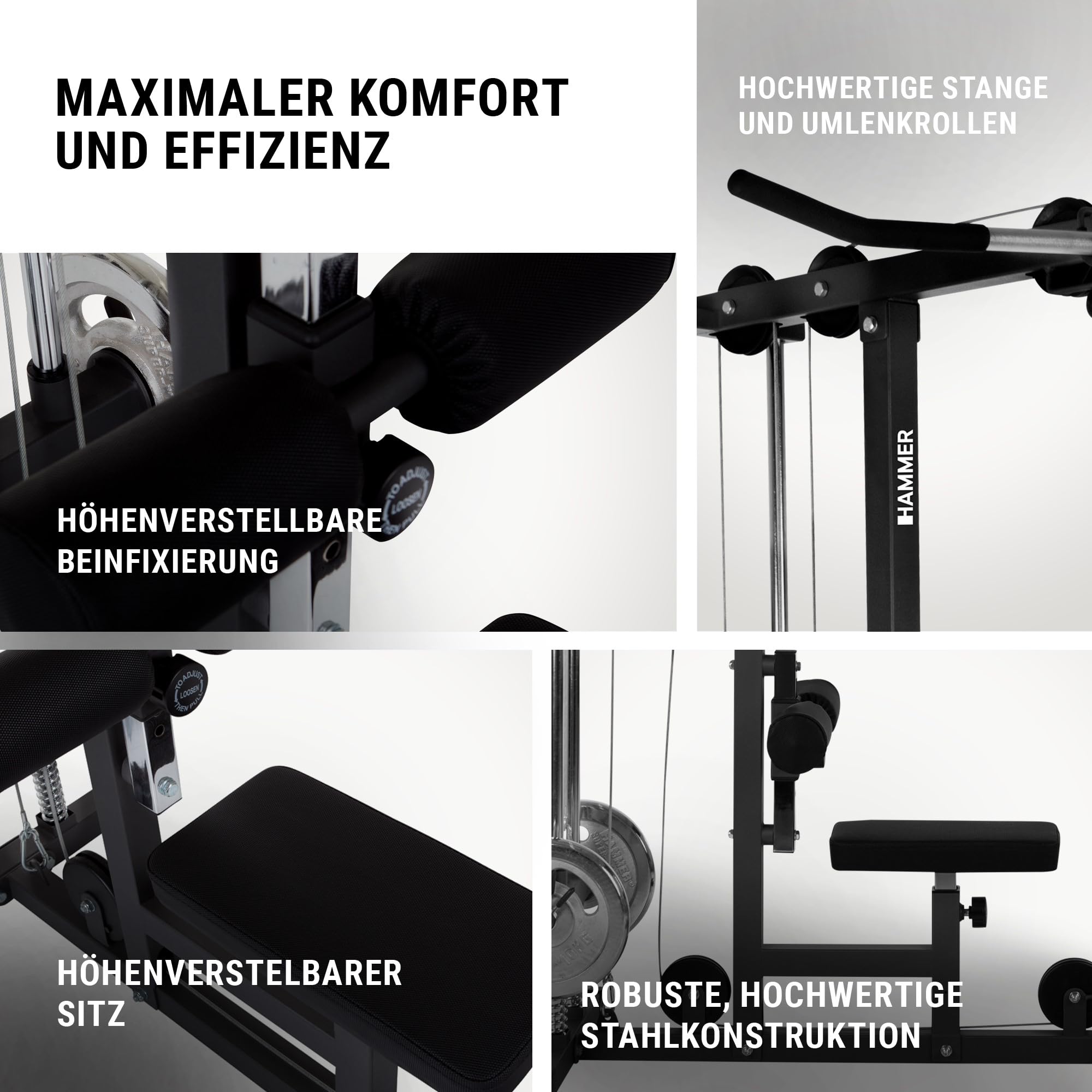 HAMMER Finnlo Latzug-Station Multi-Lat-Tower - Übungen für Rücken Arme Schultern Bauch, 120 kg belastbare Gewichtsauflage, Kraftstation 141x120x210cm