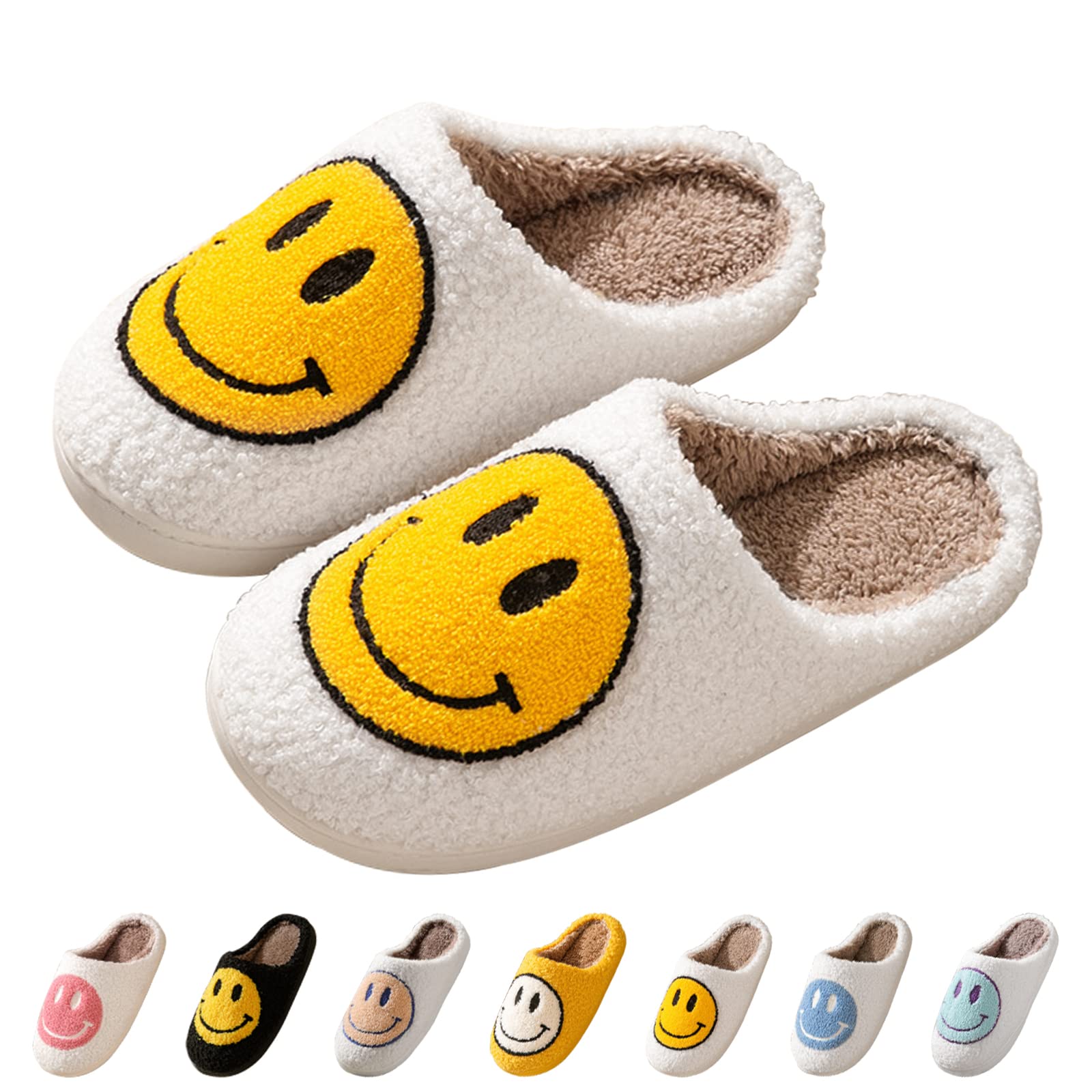 Bevaney Smile Face Slippers for Women, Soft Plush Smile Slippers Retro Preppy Slippers with Smile Face Happy Face Slippers Slip-on Cozy Indoor Outdoor Slippers