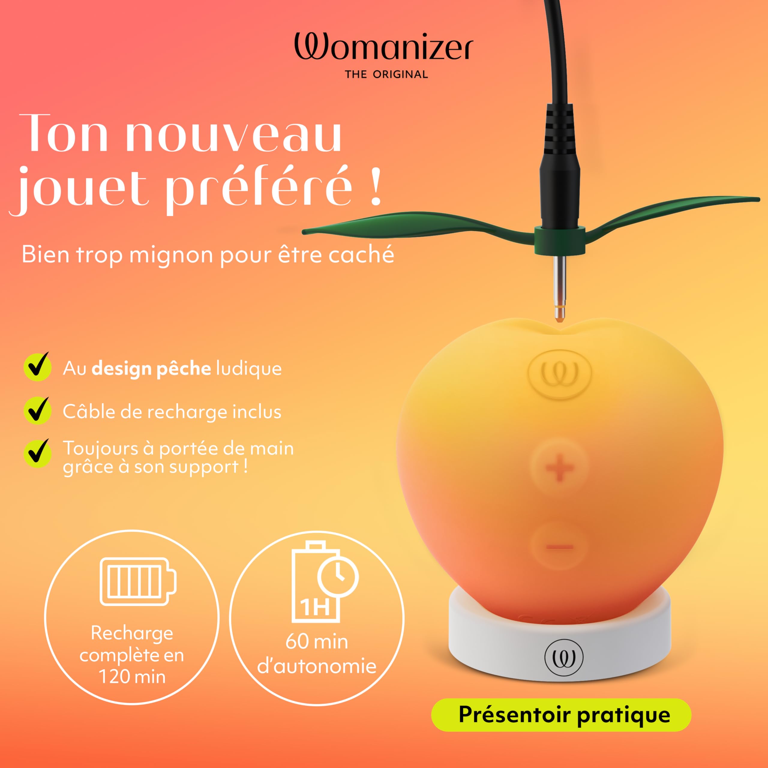 Womanizer Peach Stimulateur Clitoridien | Vibromasseur à Ondes de Pression Air Pulse | 14 niveaux | Rechargeable USB | étanche IPX7 | Avec câble de charge et support | Design Pêche | Autonomie 60 min