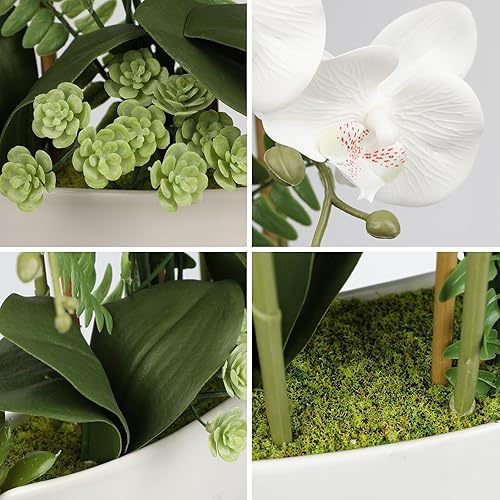 Miniatura 4 de Briful Flores artificiales de orquídea de 18 pulgadas, flores de seda de orquídeas falsas blancas con maceta de cerámica, arreglo de orquídeas