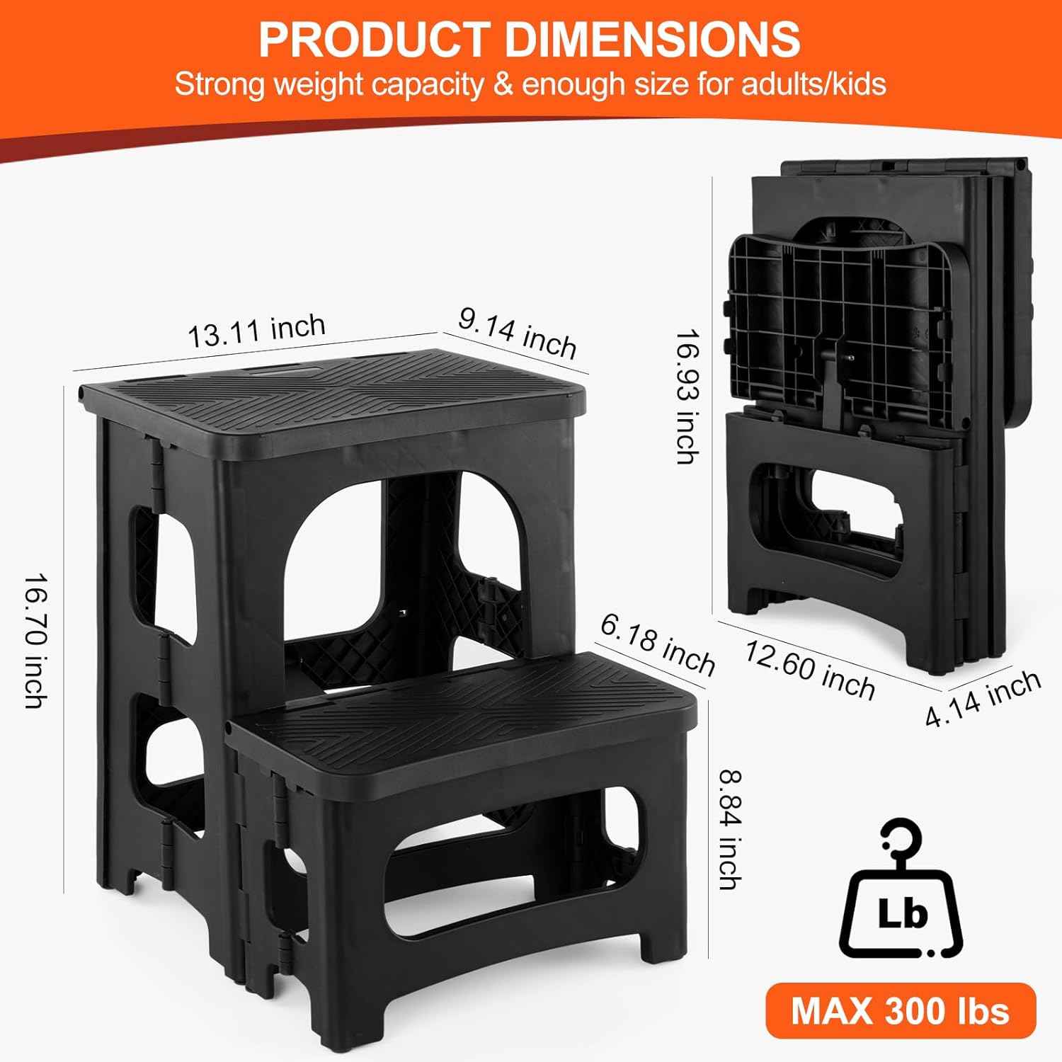 2-Step Folding Step Stool, Foldable & Dual Heights (8”/17”) | Non-Slip, Lightweight & Portable, Supports Up to 300 lbs, Ideal for Home, Office, Kitchen, RV, Boat Boarding & Camper Use