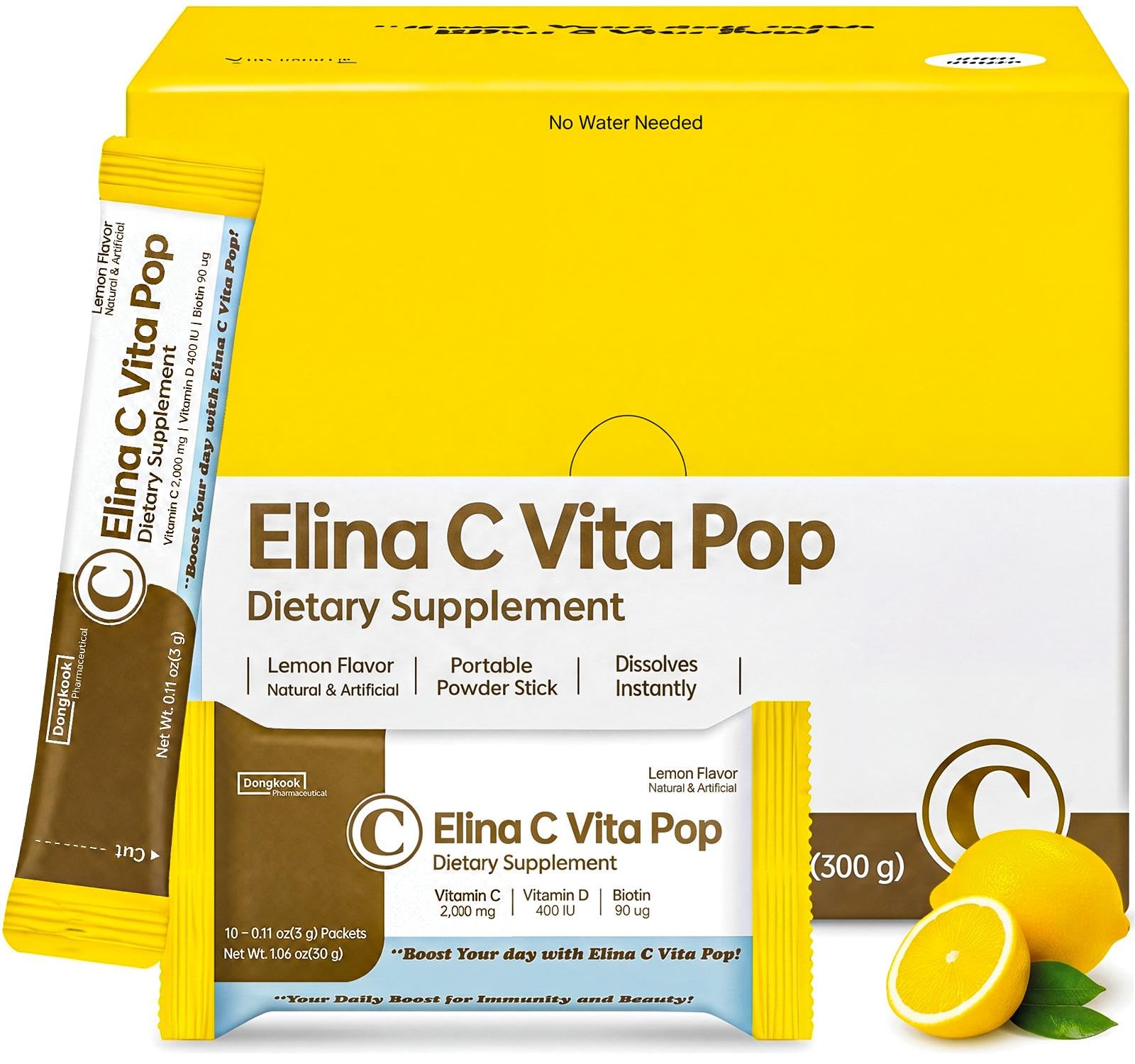 DONGKOOK Vita Pop Korean Vitamin C 2,000mg + Vitamin D + Biotin Powder Packets, Zero Sugar, Vitamin C Supplements, Immune & Energy Support, Non-GMO, Lemonade Energy Drink Mix Lemon (100packets)
