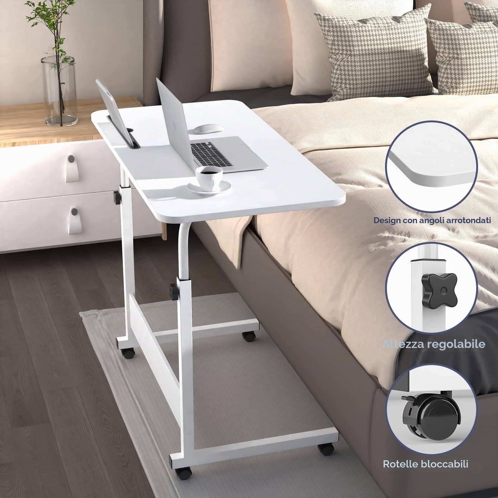 Scrivania Mobile con Ruote per Computer, Regolabile in Altezza, Tavolino da Letto con Slot per Schede, 80x40x69-90cm
