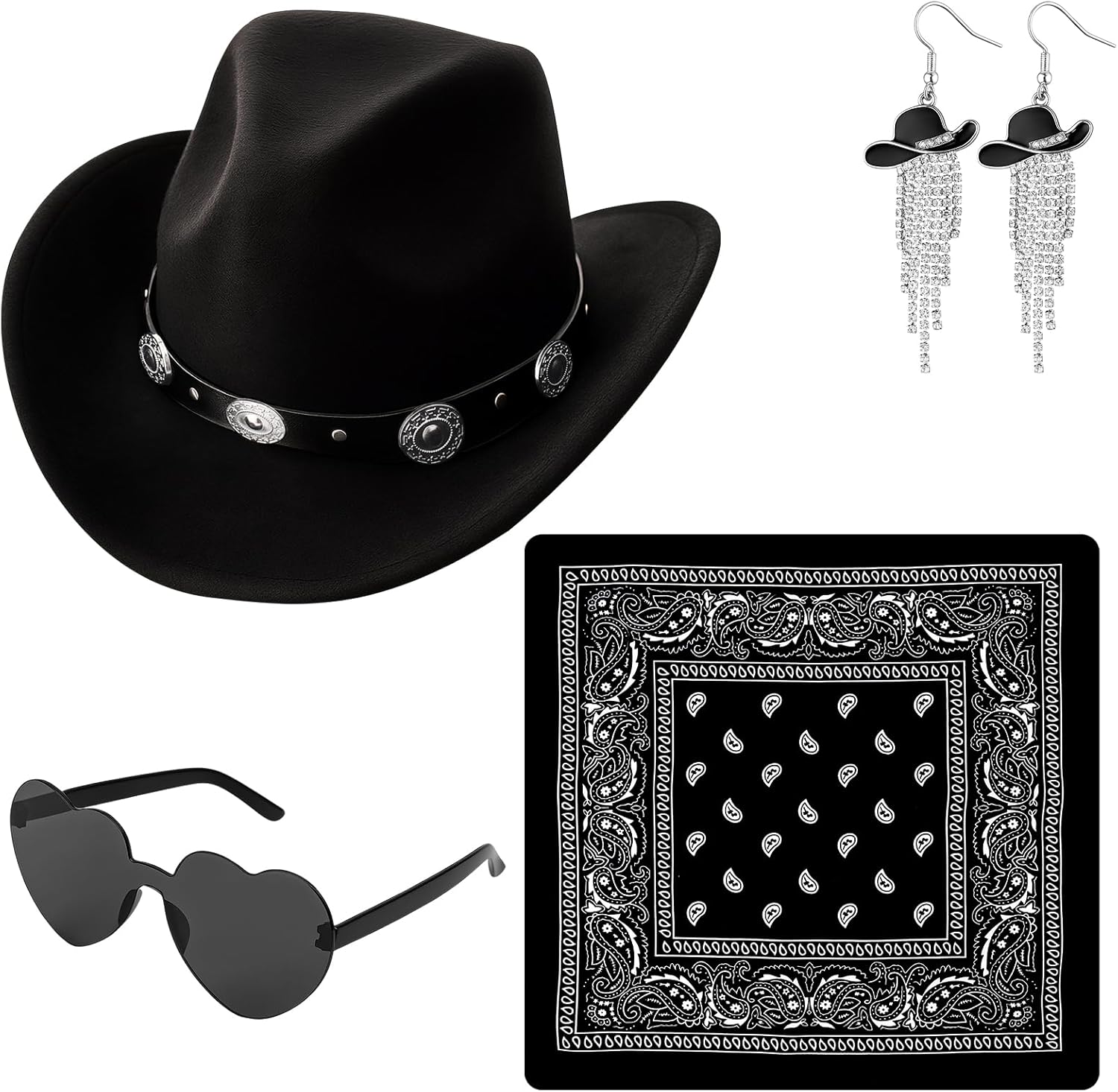 4Pcs Western Cowboy Hats for Women Cowgirl Hat Earrings Glasses Bandana Set for Rodeo Outfit