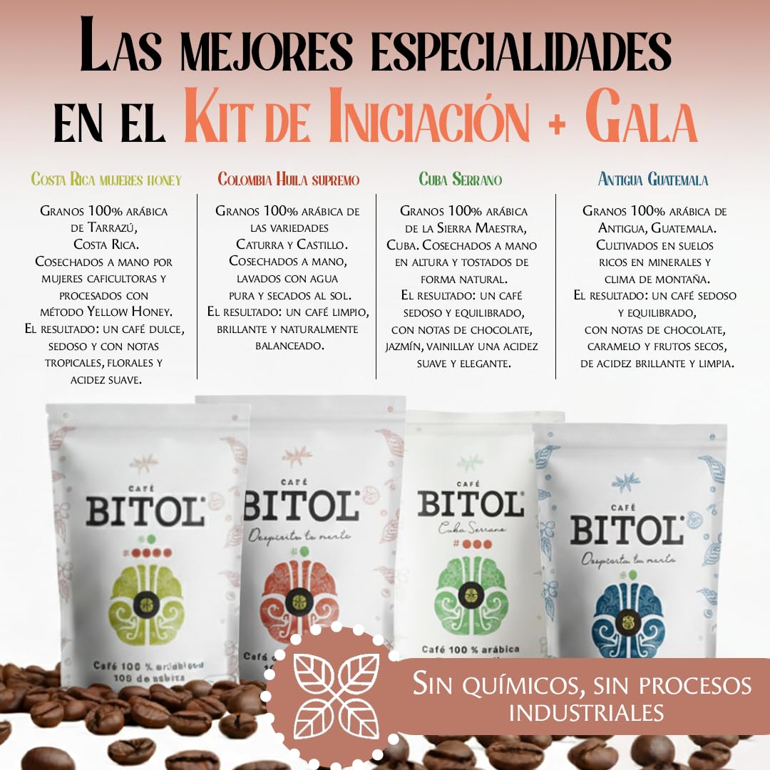 Kit de Iniciación + Gala BITOL 4 Cafés de Especialidad 100% Arábica Colombia, Guatemala, Cuba y Costa Rica 4 x 500 g + Molinillo Manual y Prensa Francesa | Notas de Chocolate, Caramelo, Frutos Secos