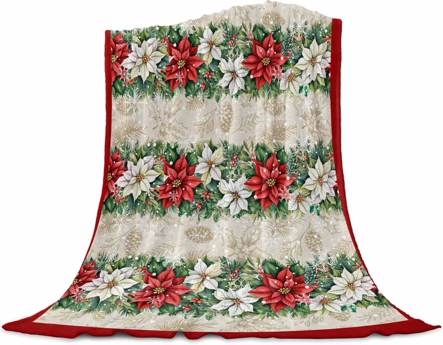 Christmas Winter Floral Flannel Fleece Throw Blanket, 60 x 80 in, Poinsettia Red Flower Leaf Farm Super Soft Blanket for Couch Cozy Warm Bed Throws for Sofa, Office, Camping, Travel
