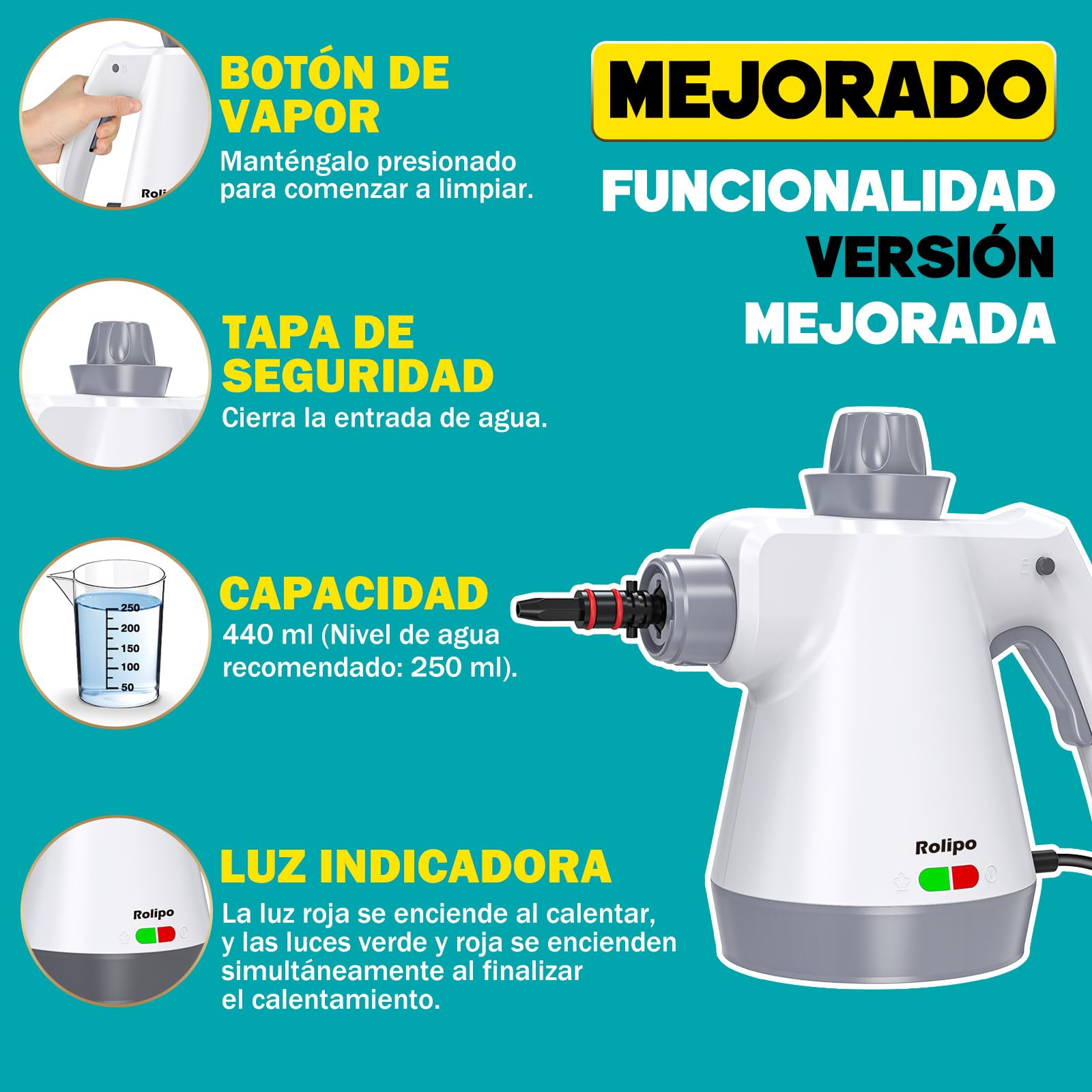 Rolipo Limpiador a vapor portátil a presión con 12 accesorios y cierre de seguridad, pistola de vapor doméstica multifuncional para limpiar cocina, baño, juntas, ventanas y grasa