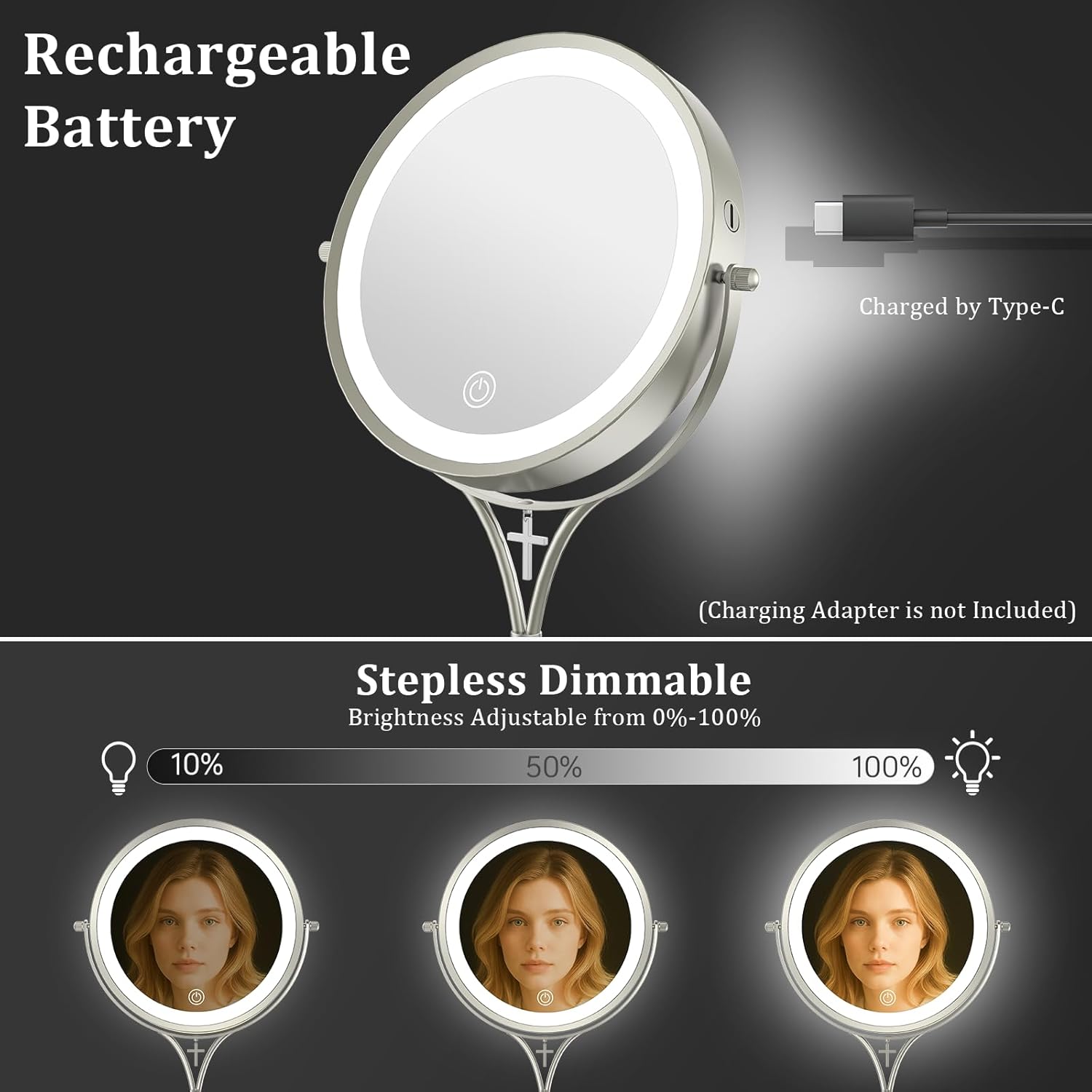 1x/10x Magnifying Mirror with 3 Color Lights and Cross Charm, 7" Lighted Makeup Mirror with Magnification, Height Adjustable Vanity Mirror, Birthday Christian Gifts for Women, Brushed Nickel