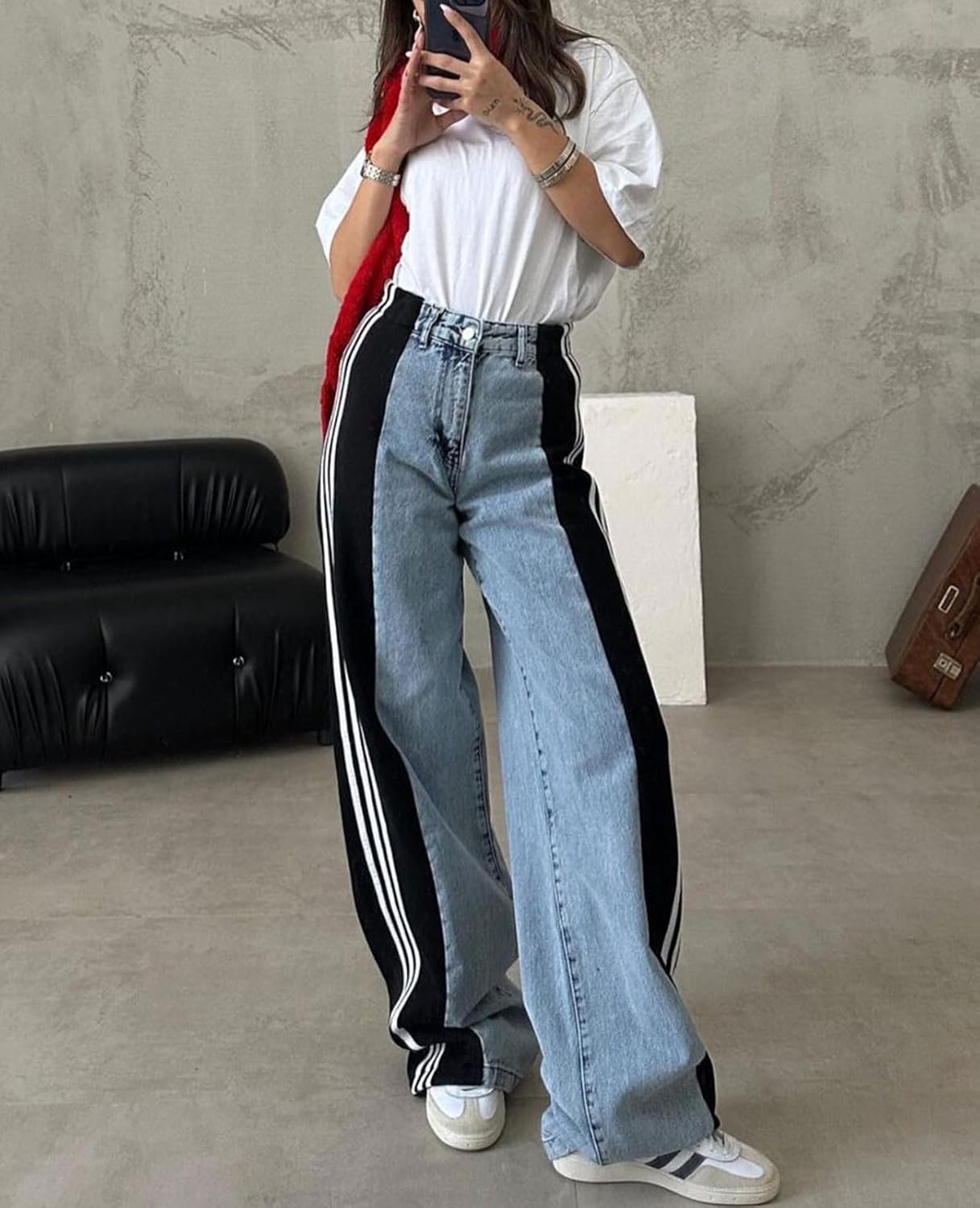Womens Jeans High Waisted Wide Leg Striped Patchwork Color Block Stretchy Loose Straight Denim Pants - Image 6