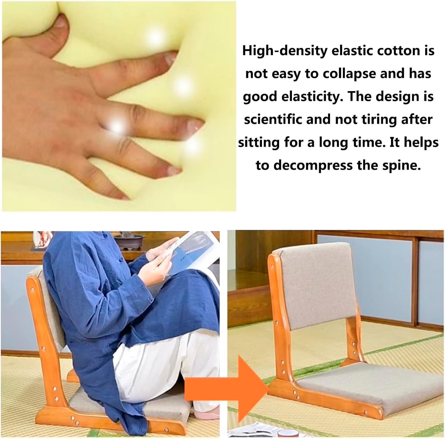 Silla de Piso, Silla de Yoga de meditación Tatami, Silla Plegable for Interior y Exterior con Respaldo, Silla con Respaldo sin Patas de Madera de Caucho(B)