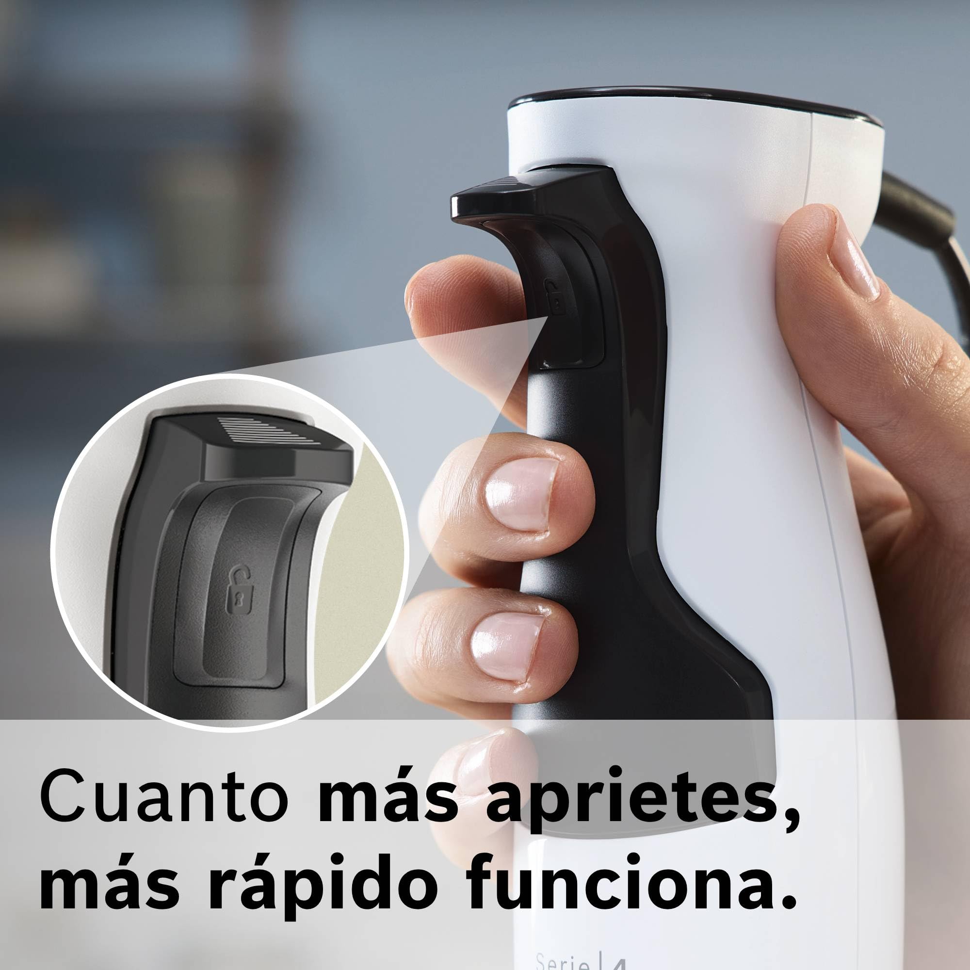 Bosch - Batidora de mano ErgoMaster Serie 4, 600 W, Control de velocidad con una mano, Cuchillas QuattroBlade, Vaso medidor incluido, Blanco, MSM4W220
