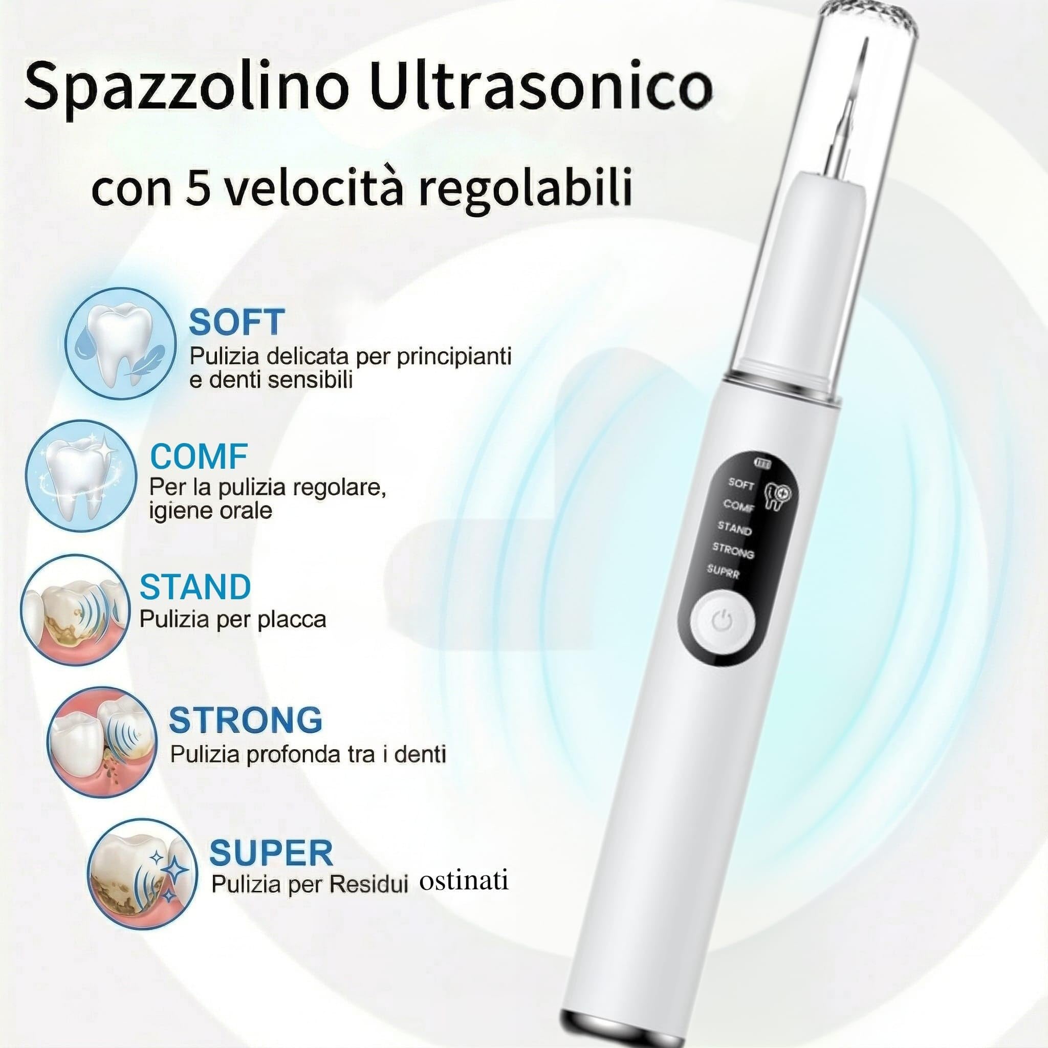 Kit Pulizia Denti Tartaro，Spazzolino Elettrico Ultrasuoni Intelligente con 5 Modalità Per Rimozione Placca e Macchie con 5 testine intercambiabili e Luci LED per Pulizia Tartaro Uso Quotidiano a Casa