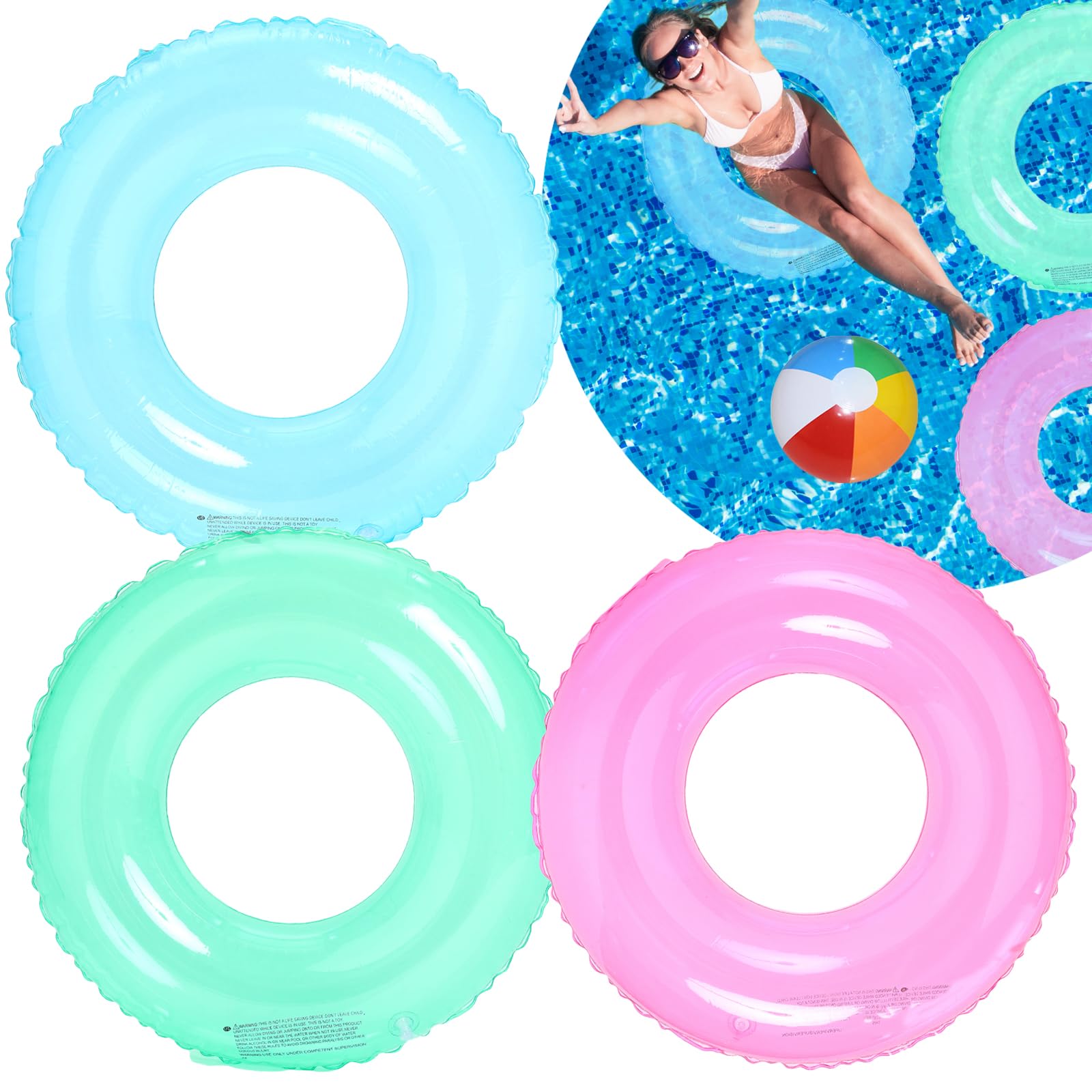 3Pcs Inflatable Swimming Rings for Kids and Adults, Blue, Green, Pink Swim Ring,Bling Inflatable Pool Floats With Color Floating Ring Swim Tube Rings for Boy, Girl Beach Summer Pool Party Water Spor