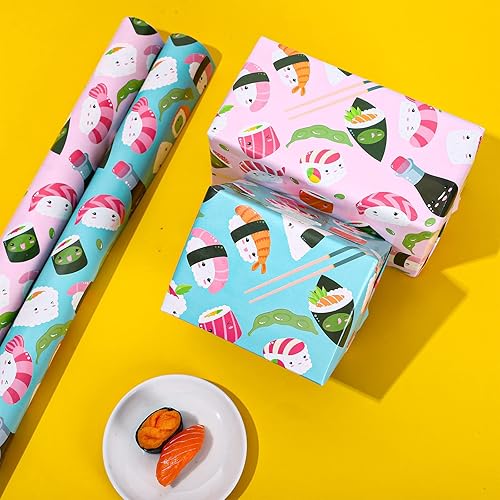 Miniatura 5 de Whaline 12 hojas de papel de regalo de caras de sushi a granel de 19.7 x 27.6 pulgadas, lindo sushi a la moda, divertido papel de arte plegado plano