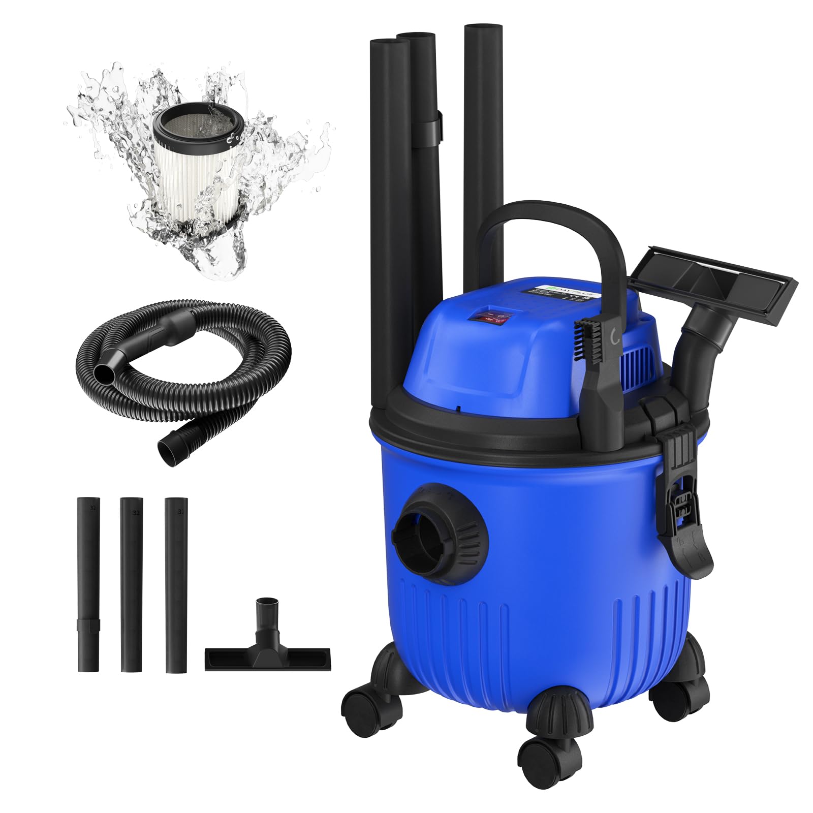 HSHa Aspiradora industrial para cenizas, en seco y húmedo con función de soplado, capacidad de 15 litros, manguera flexible de 1,5 m, color azul