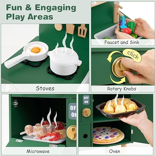 Miniatura 5 de Costzon Juego de cocina para niños, cocina con estufas, grifo, fregadero, microondas, gabinete, horno y accesorios de cocina, cocina de madera para