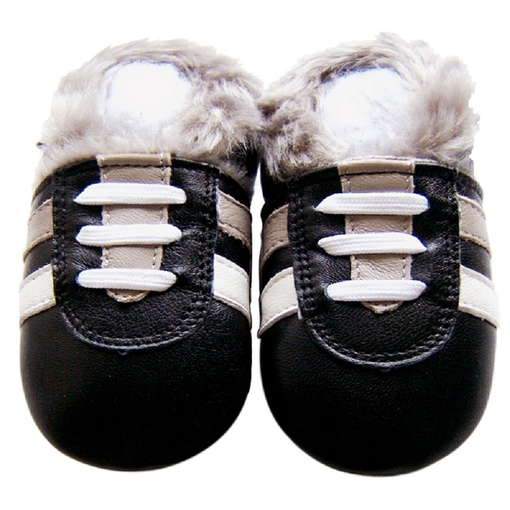 Leather Baby Soft Sole Fur Lining Shoes Boy Girl Infant Children Kid Toddler Crib First Walk Gift Sport Black Fur (12-18month, Black)
