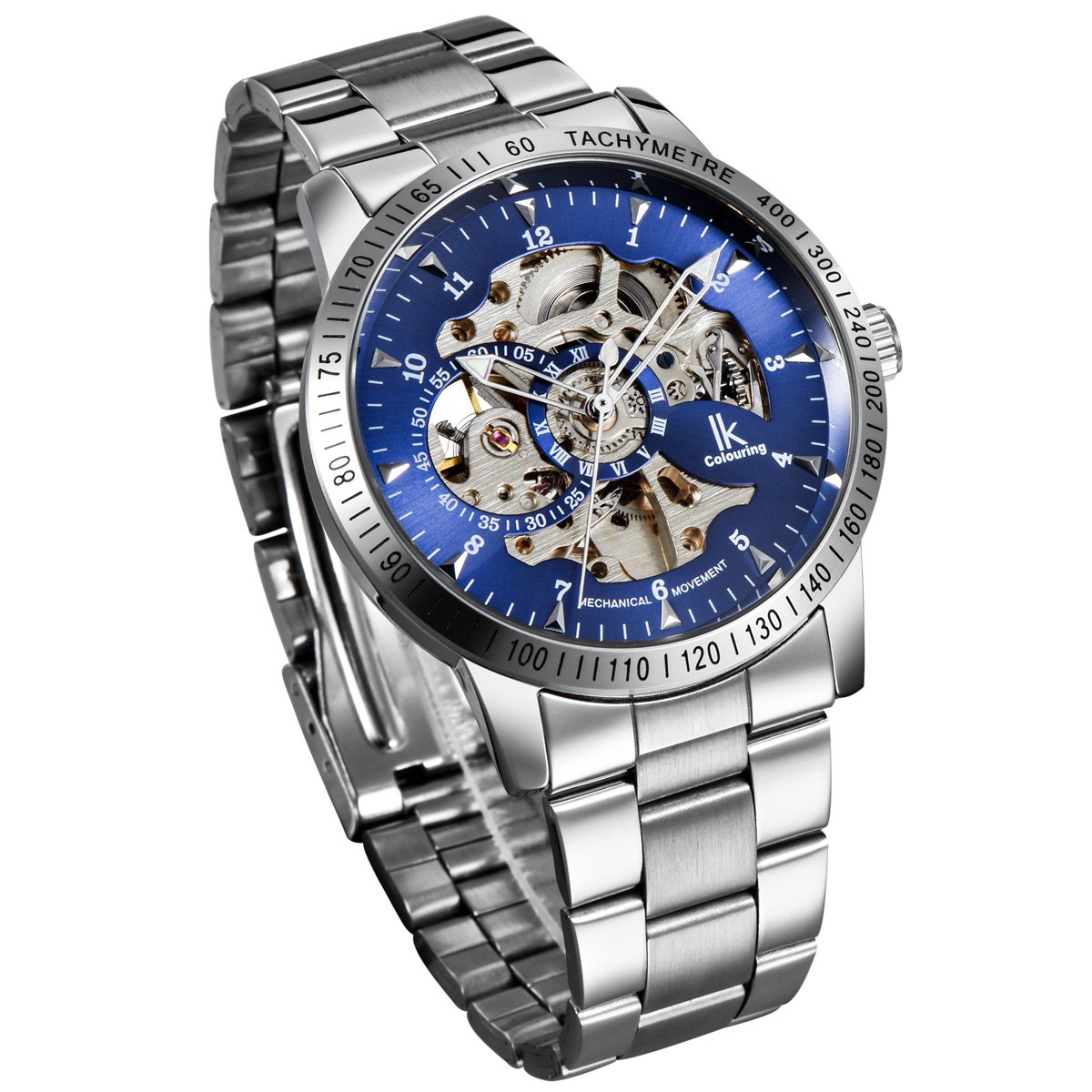 Alienwork IK Reloj Automático Hombre Mujer Plateado Pulsera de Metal Acero Azul Esqueleto