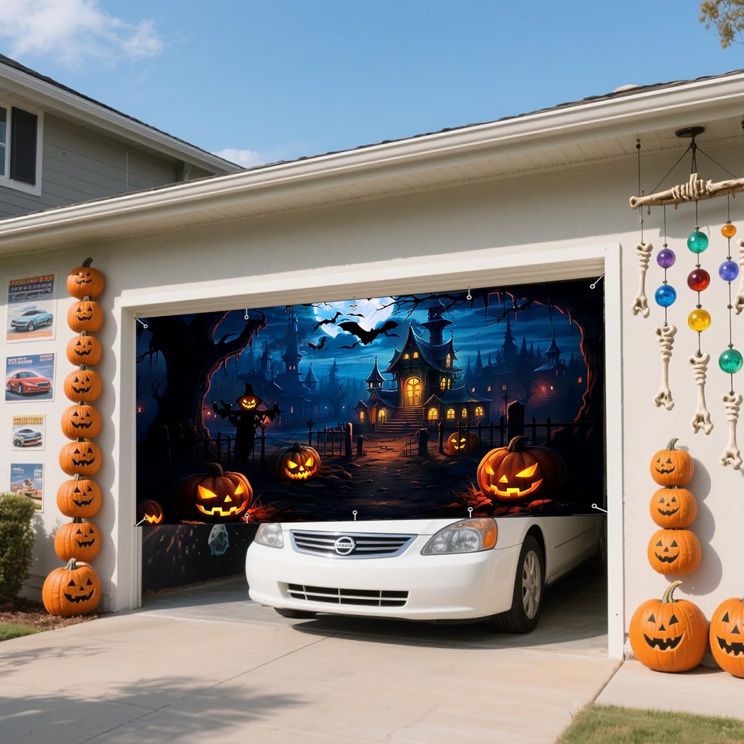 Halloween Garage Door Banner Large Hanging Backdrop Horror Moon Night Halloween Door Cover Decorations for Outdoor Indoor Yard Haunted House Wall Decor Birthday Party Photo Backgrounds (6 x 13 Ft)