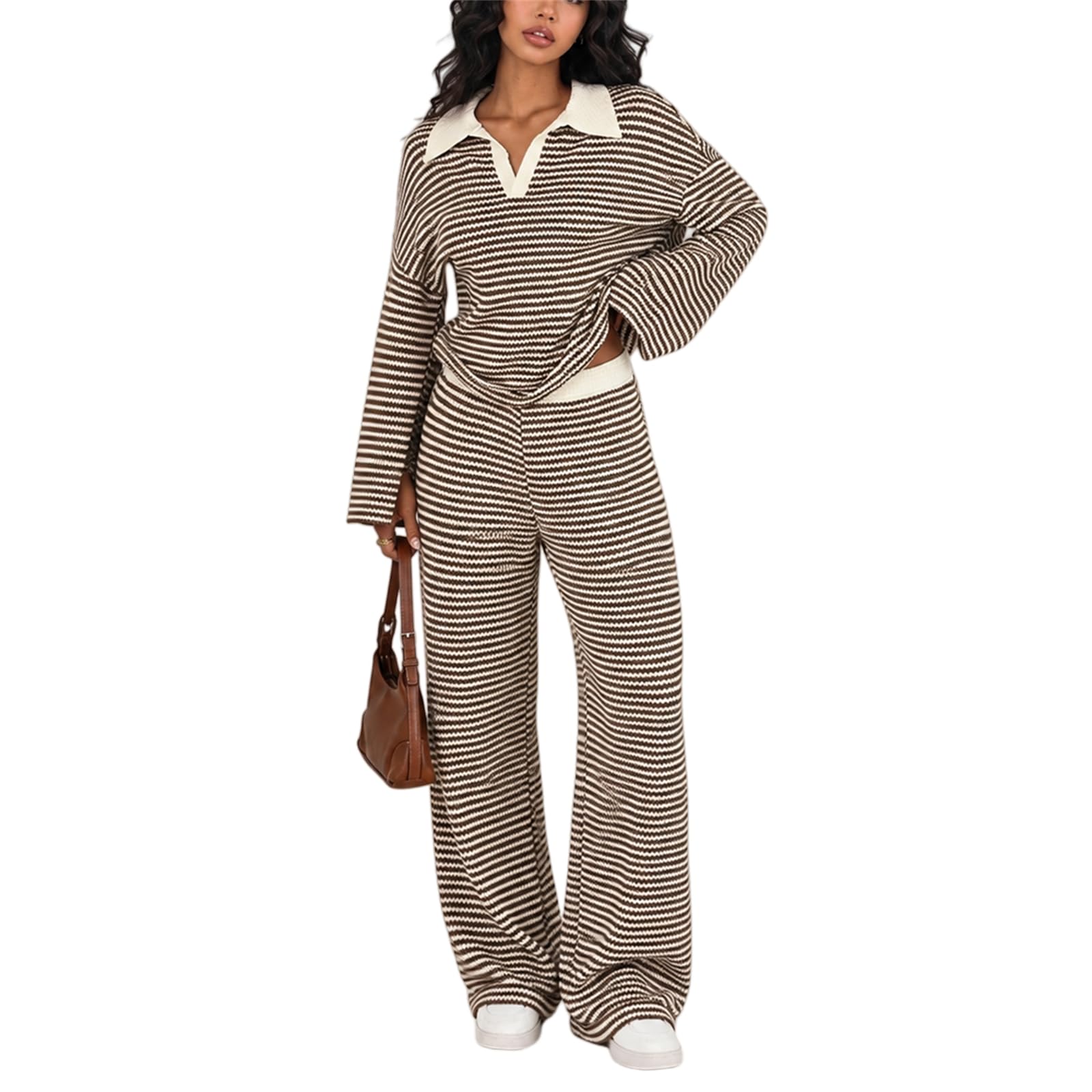Set coordinato da donna a righe con colletto a polo a maniche lunghe e