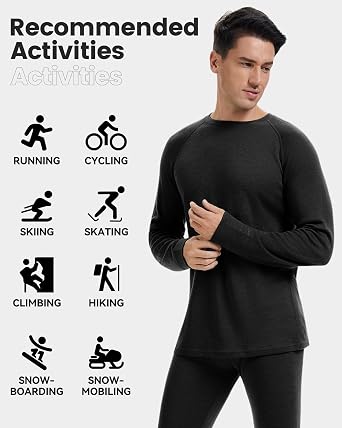 Men's 100% Merino Wool Base Layer Tops Lightweight Long Sleeve Active Base Layer