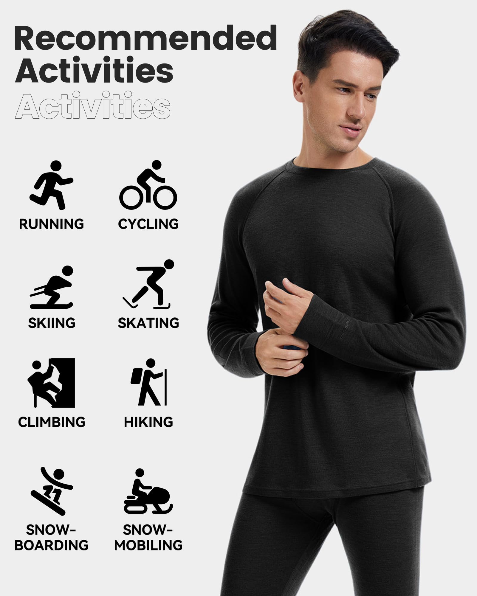 Herren Thermo Oberteil, 100% Merinowolle, Warmes & Atmungsaktives Langarmshirt, Baselayer für Winter & Outdoor