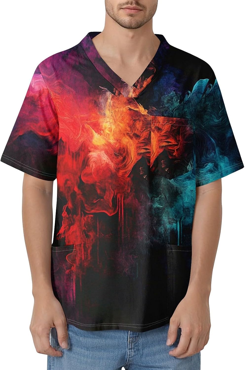 Men's Halloween Scrub Top Short Sleeve V-Ncek Working Nurse Unifroms