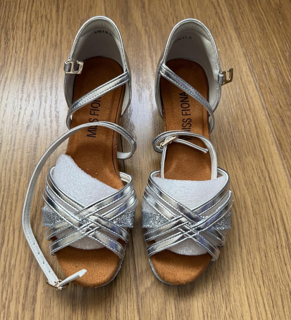missfiona Zapatos de baile de salón para niñas, zapatos de tacón bajo con purpurina, Silver, 28.5 EU