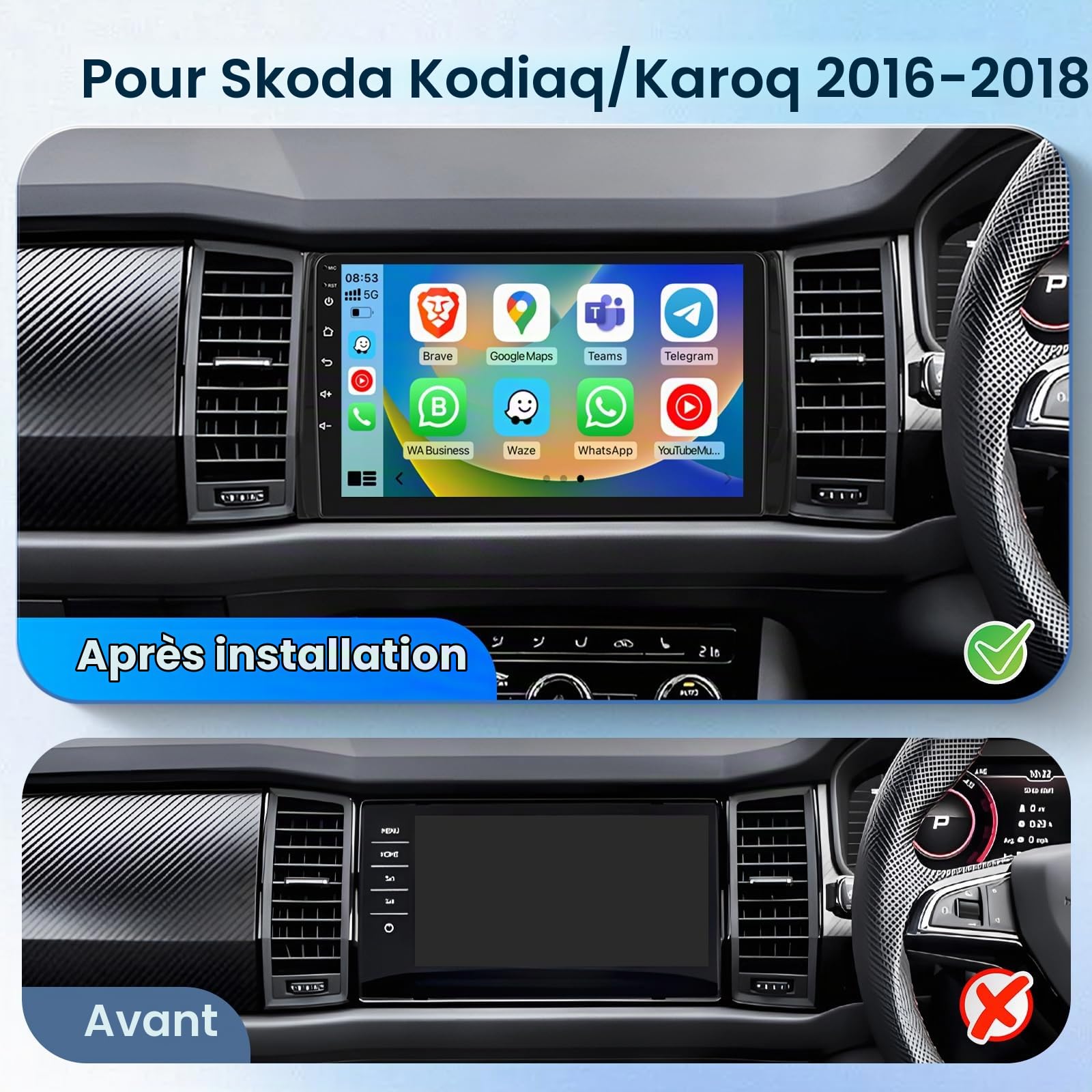 Autoradio 2G+64G pour Skoda Kodiaq/Karoq (2016-2018), Podofo Écran Tactile 10,1" Android 13.0 avec Carplay sans Fil, Android Auto, DSP, Bluetooth, GPS, Mirror Link, FM RDS, USB, Caméra de Recul