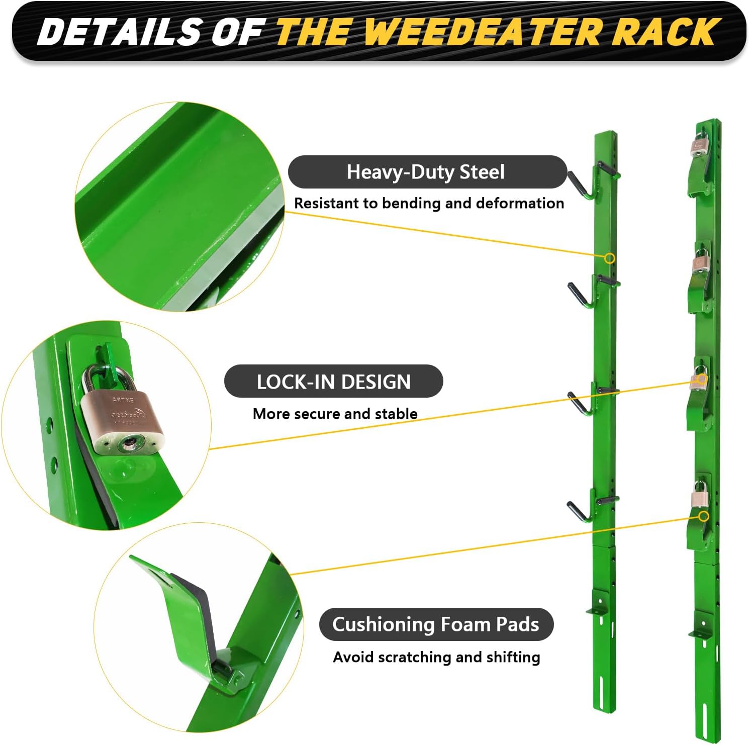 4 Place Weed Eater Rack Fit for Landscape Trailer Truck Open Utility Trailers Lockable Trimmer Rack Holder Carrier Mount On with 4 Lock Steel-Green