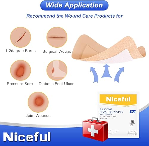 Miniatura 24 de Apósito de espuma de silicona de 4 x 4 pulgadas, vendajes de silicona impermeables con adhesivo de borde, vendajes de alta absorción, vendajes