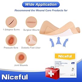 Niceful 10 Count 5 x 5 Silicone Foam Dressing with Gentle Border (3 x 3 Pad) - Bandages for Wounds, Pressure Sores Post-Surgery Incisions Abrasions & Blisters, High Absorbency Wound Care