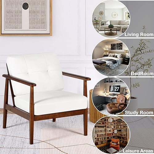 Miniatura 6 de AILEEKISS Silla decorativa moderna de mediados de siglo, sillones de cuero de madera retro, sillas tapizadas con cojín para sala de estar,