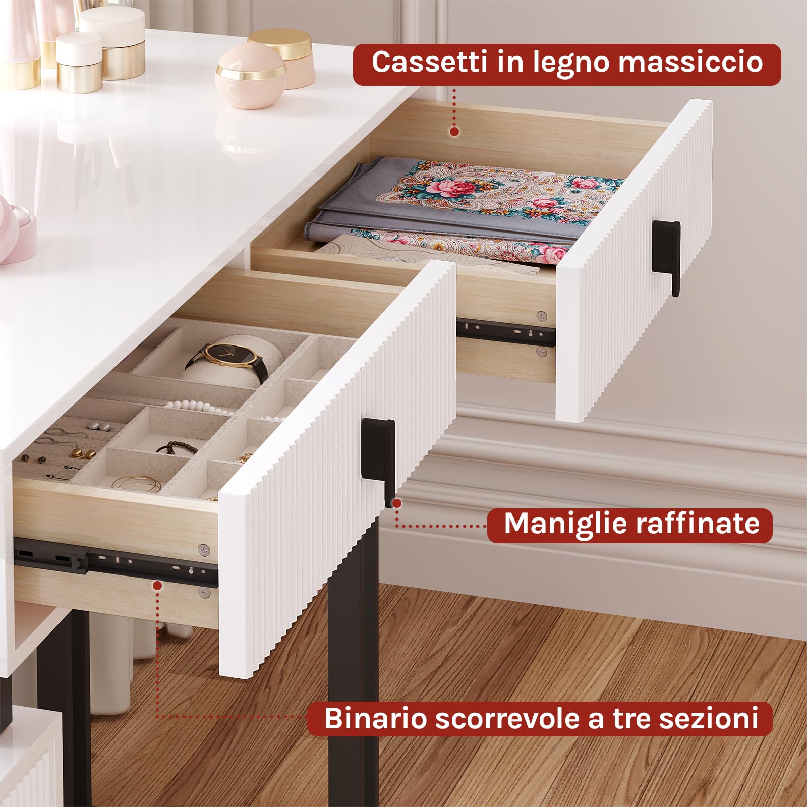 WOLTU Toeletta con Luce LED, Luminosità Regolabile, Specchio a Nuvola, Piano Lucido, 5 Cassetti in Legno Massiccio, 1 Cassettiera, Moderno, Bianco e Nero