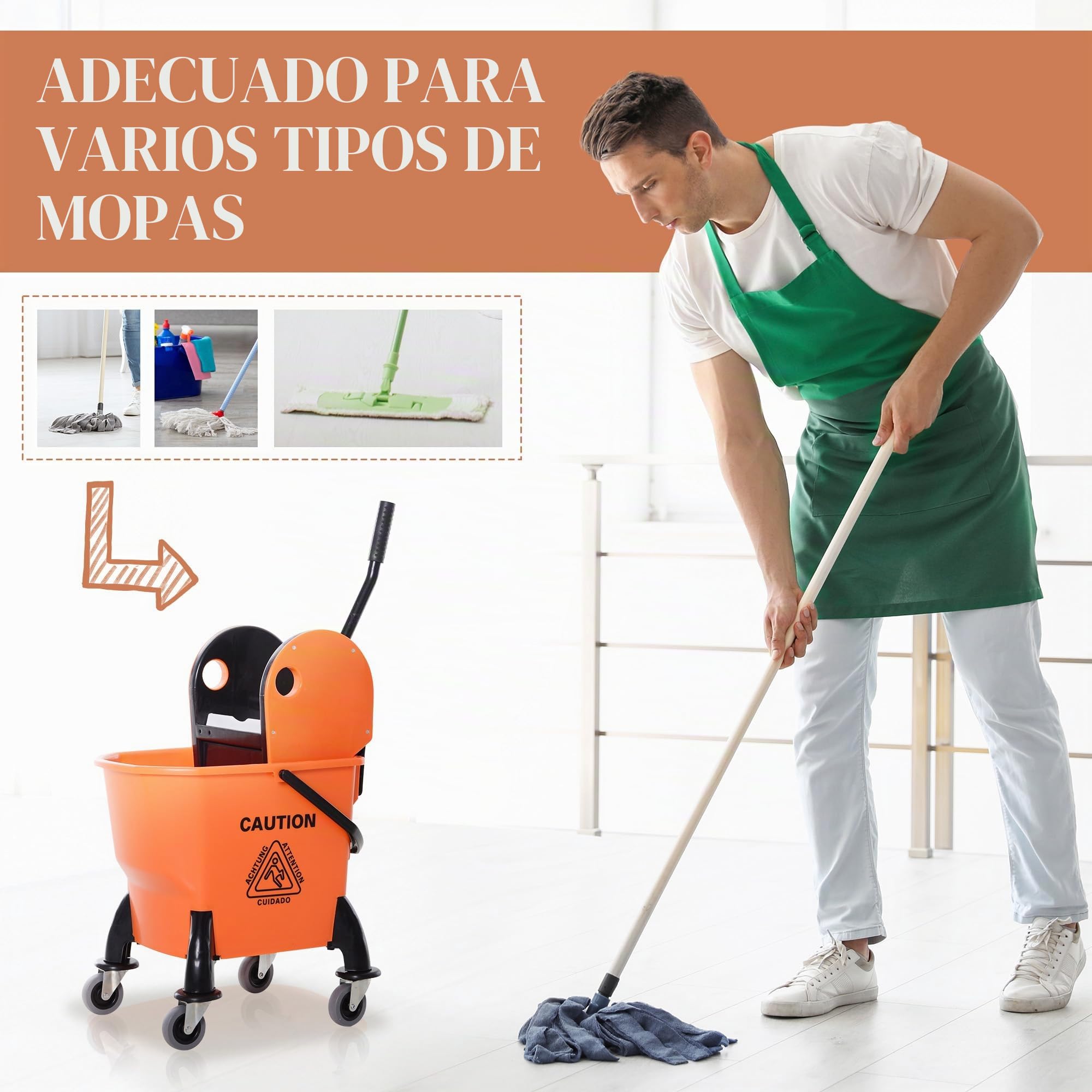HOMCOM Carro de limpieza Carro de limpieza con escurridor Cubo de limpieza de 26 litros Cubo con ruedas Carro para fregar, gancho para fregona Carro doméstico con 4 ruedas Naranja