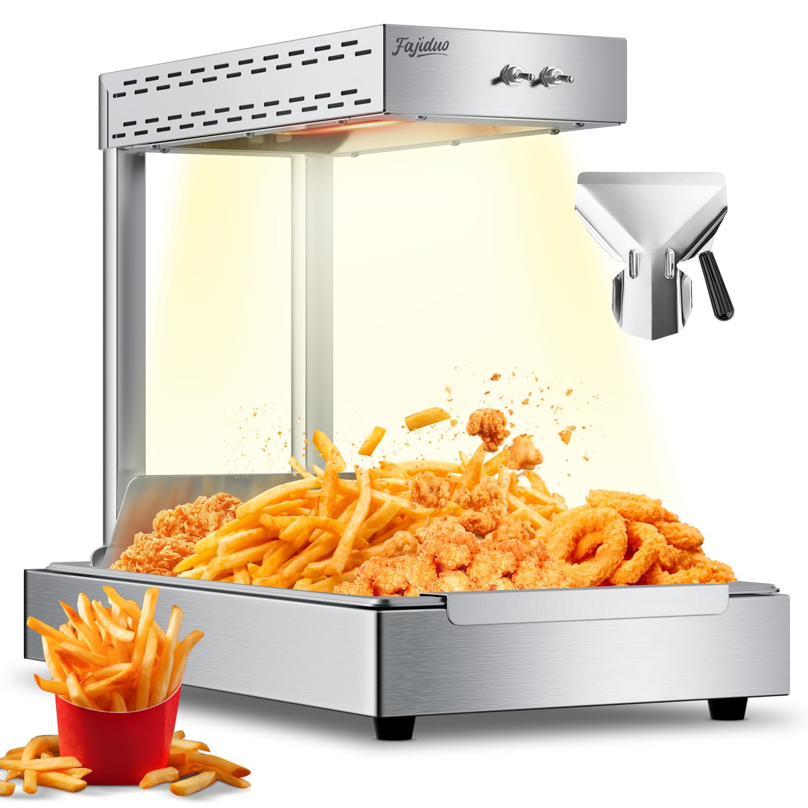 French Fry Food Warmer, 750W Electric Stainless Steel Warming Light Dump Station, 5.5QT Commercial Food Heating Lamp, Countertop Fries Food Warmer for Parties Kitchen Restaurant Buffe(Silver)