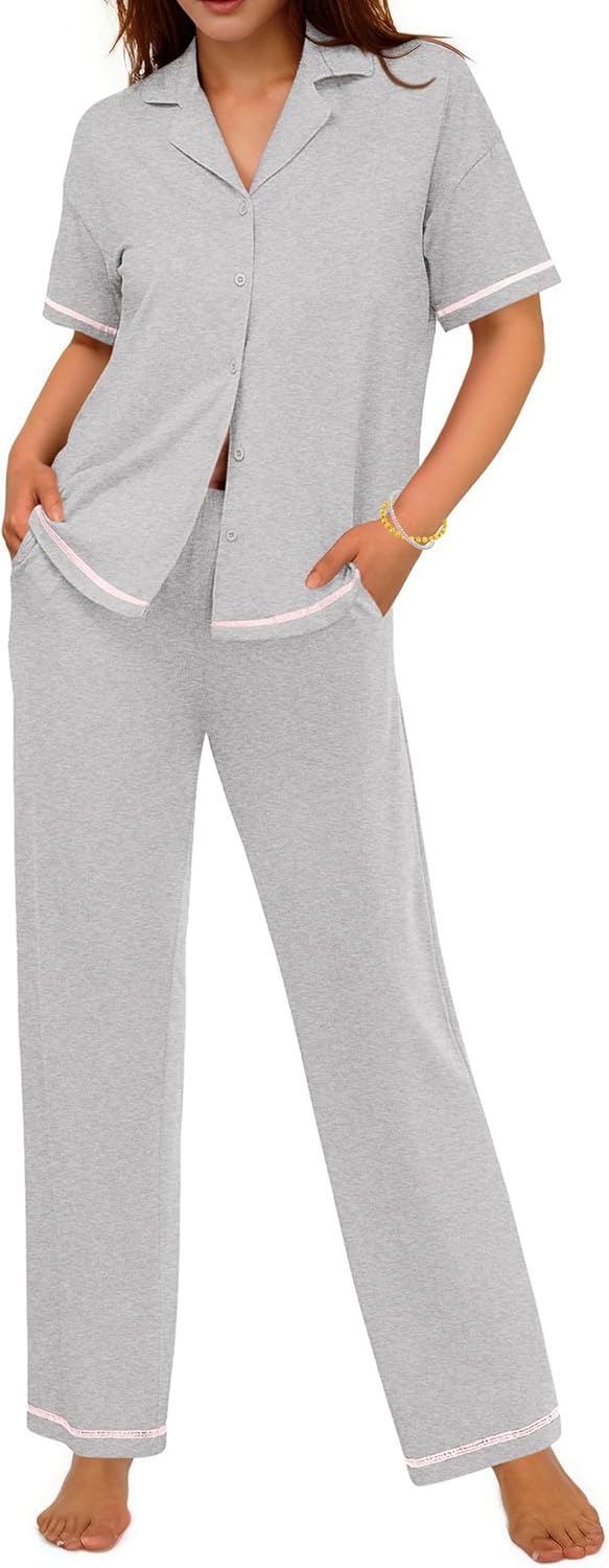 Ekouaer Cotton Pajamas Sets for Women 2 Piece Button Down Short Sleeve Pj Set with Long Pants Lounge Set Soft Sleepwear S-XXL