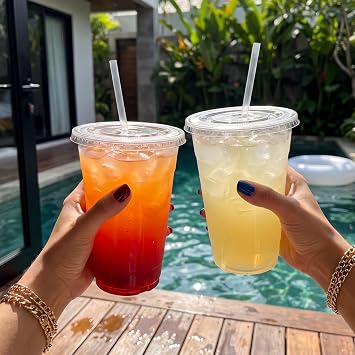 VITEVER [100 Sets - 20oz] Clear Plastic Cups with Lids and Straws, Disposable Cups for Iced Coffee, Smoothie, Milkshake, Cold Drinks