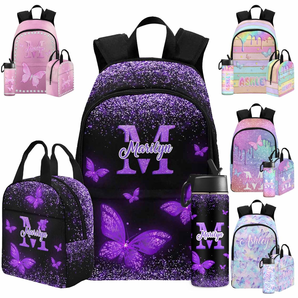 LOSARON Personalized Backpacks for Girls Custom Girls Backpack with Lunch Box, Customized Butterfly Backpack for Girl Boys School & Travel - Water