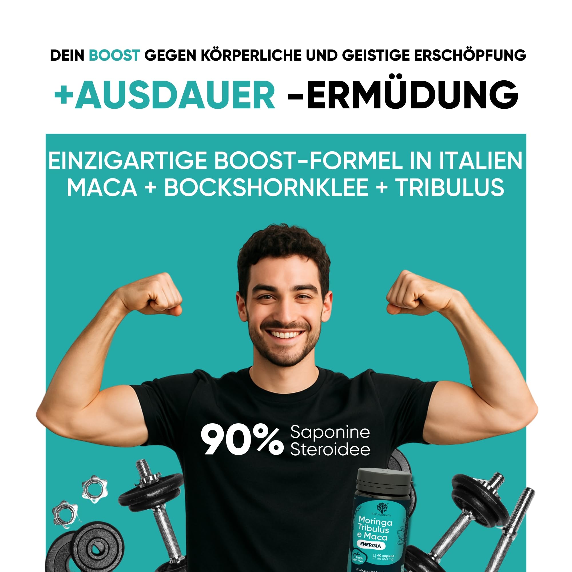 RedMoringa Tribulus Terrestris, Maca & BIO Moringa Kapseln - 90% Saponinen Kraft & Testosteron Booster - Unterstützung für Muskelaufbau & Libido | 180 Kapsel