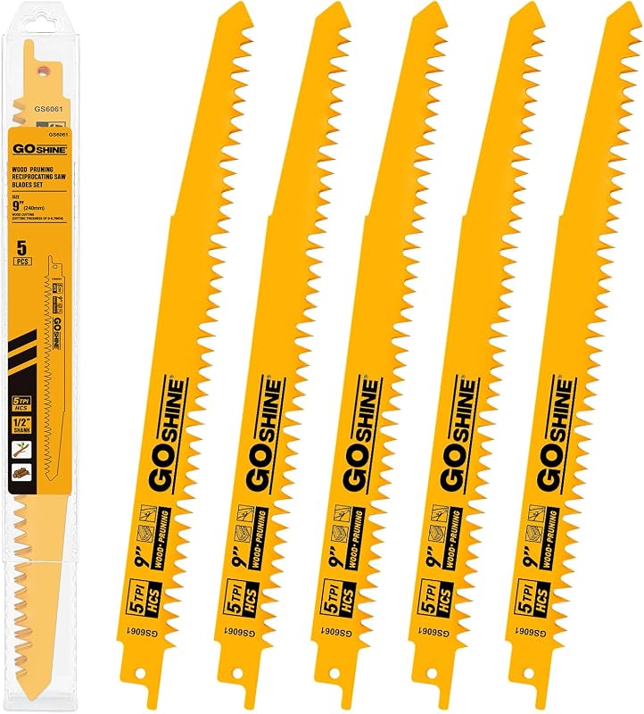 Goshine 9 Inch Wood Pruning Reciprocating Saw Blades, Fleam Ground Teeth Sawzall Blades for Wood Cutting,Tree Trimming,Compatible with Milwaukee and Dewalt Reciprocating Saws(5Pcs/5TPI)