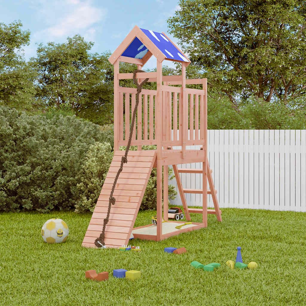 Spielturm Massivholz Douglasie mit Kletterrampe, Leiter, Sandkasten und Wolkendach, wetterfestes Holz Klettergerüst für Garten, Kinderspielgerät Outdoor, 90 cm Plattformhöhe