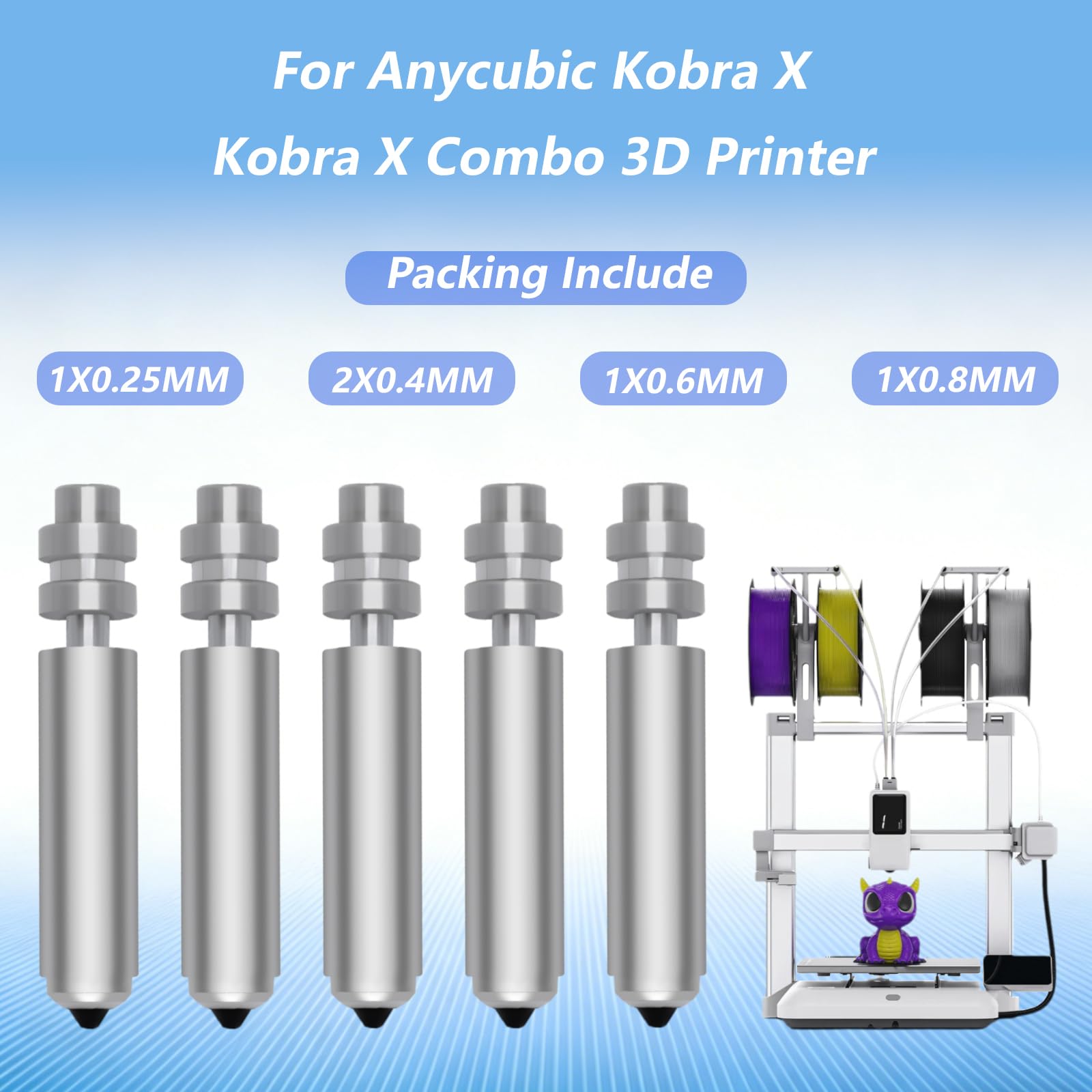Set di 5 ugelli per Anycubic Kobra X, 0,25/0,4/0,6/0,8 mm, ugelli a cambio rapido integrati in acciaio temprato, hotend interamente in metallo per stampa ad alta velocità, set di ricambio per