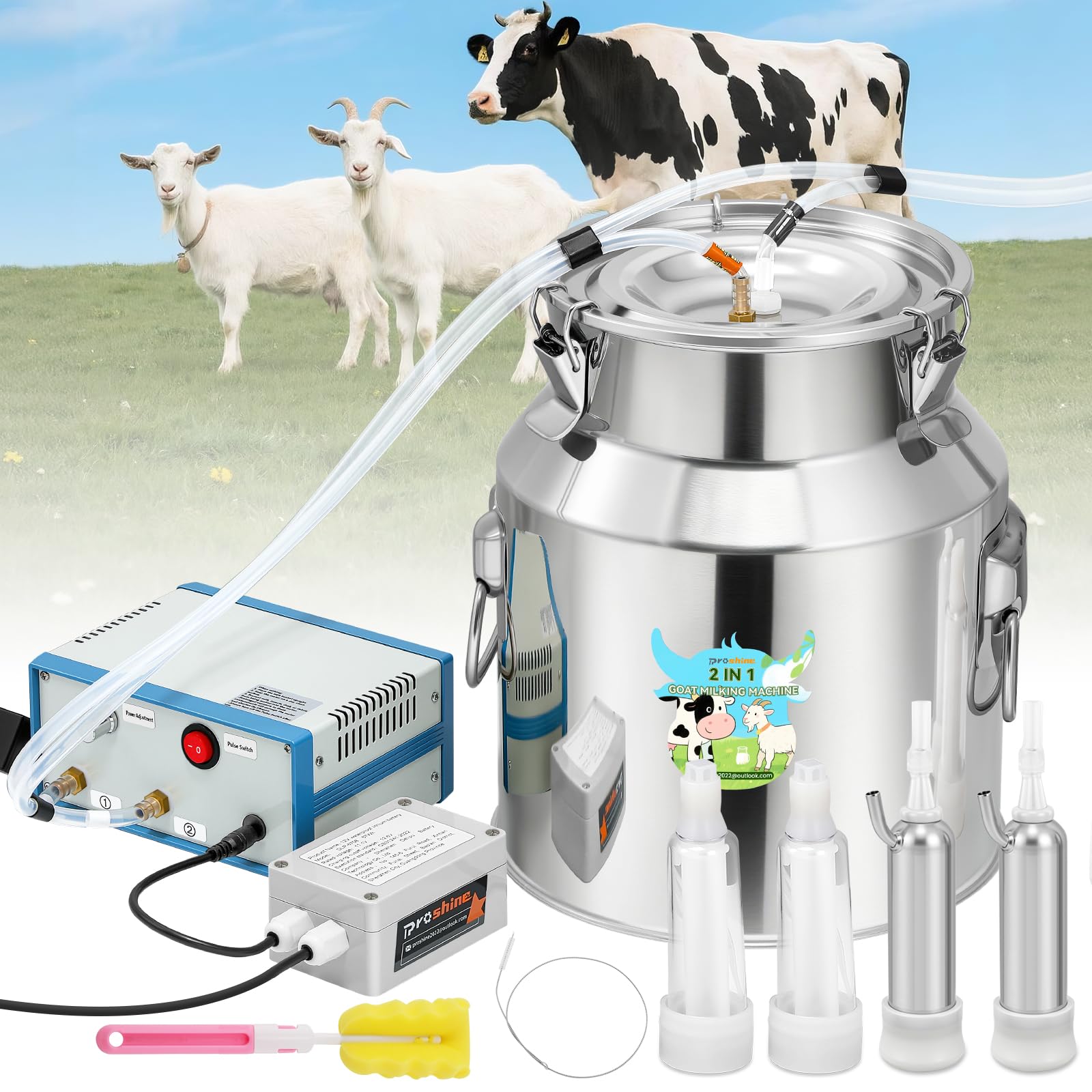 Photo 1 of **MISSING CHARGER**Proshine Upgraded 2 in 1 Goat Milking Machine 14L, 304 Stainless Steel Bucket, with 4 Teat Cups for Goat & Cow, Continuously Adjustable Pulsation Vacuum Milker