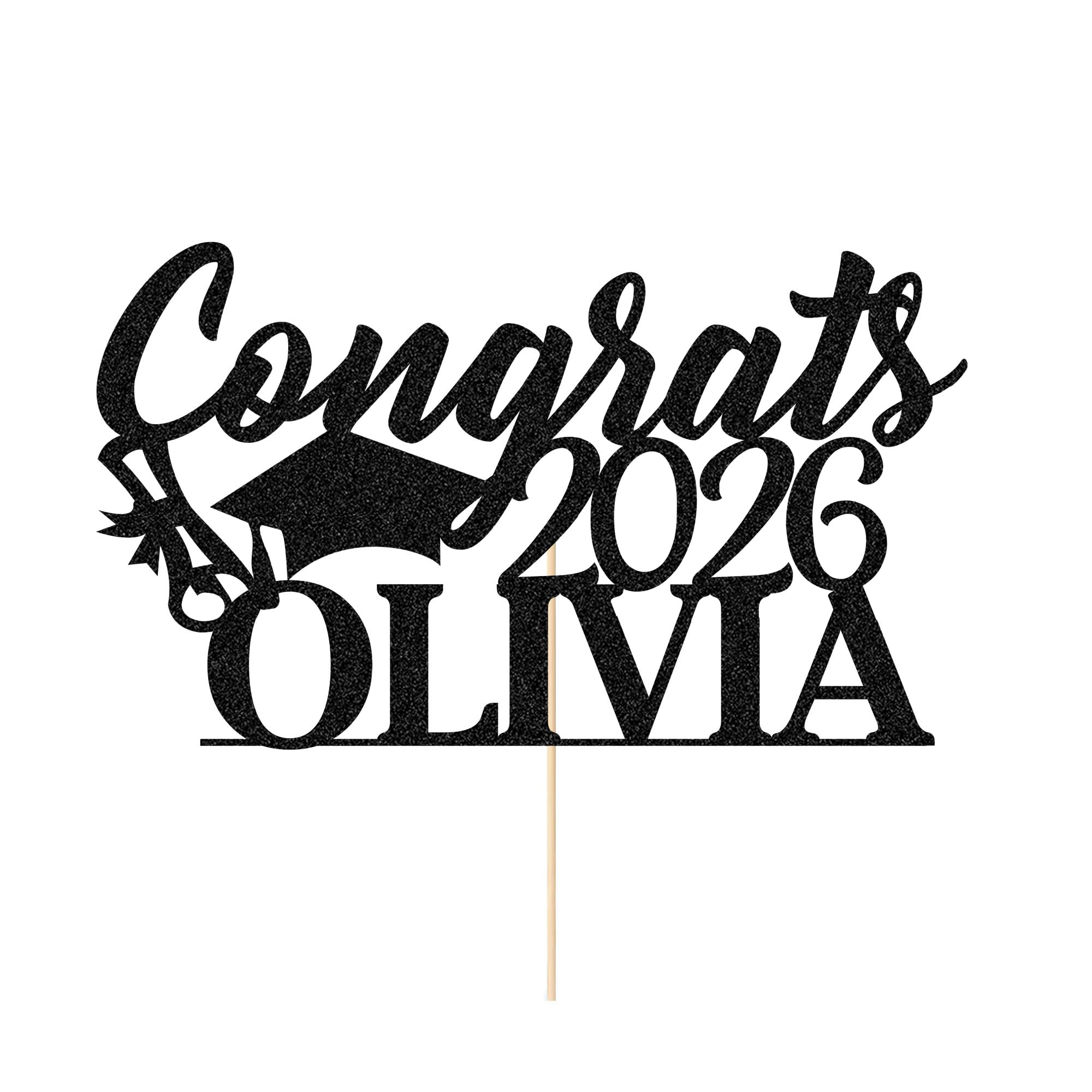 Personalised Cake Topper Custom Congrats Graduation Hat Student Class of 2026 Double Sided Glitter Card with Any Name (Black)