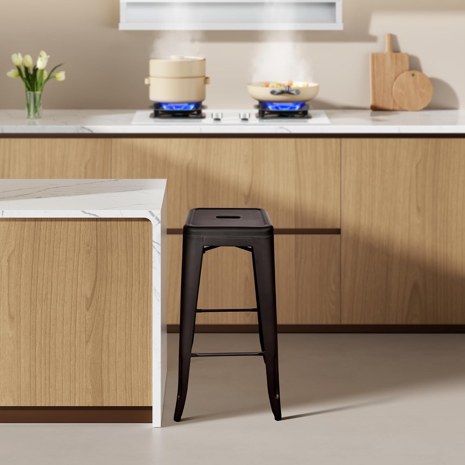 Elevon 30 Inches Metal Bar Stools, High Backless Stools, Indoor Outdoor Stackable Kitchen Stools, Set of 4, Gun