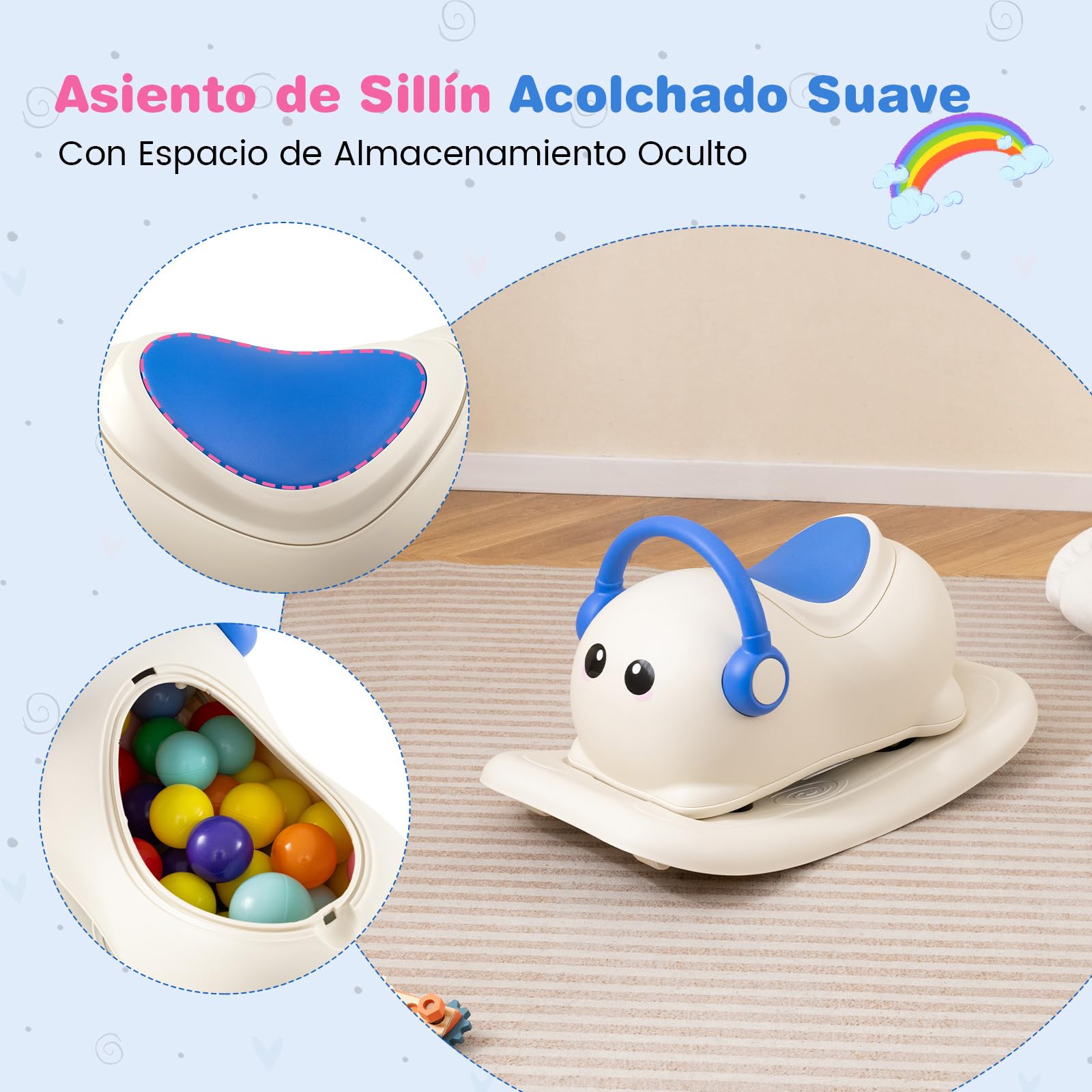 COSTWAY Caballo Balancín para Niños 3 en 1, Coche Cerrepasillo para Bebés con Almacenamiento Oculto, Ruedas Rodantes y Tabla de Equilibrio Desmontable, 64 x 34 x 36 cm